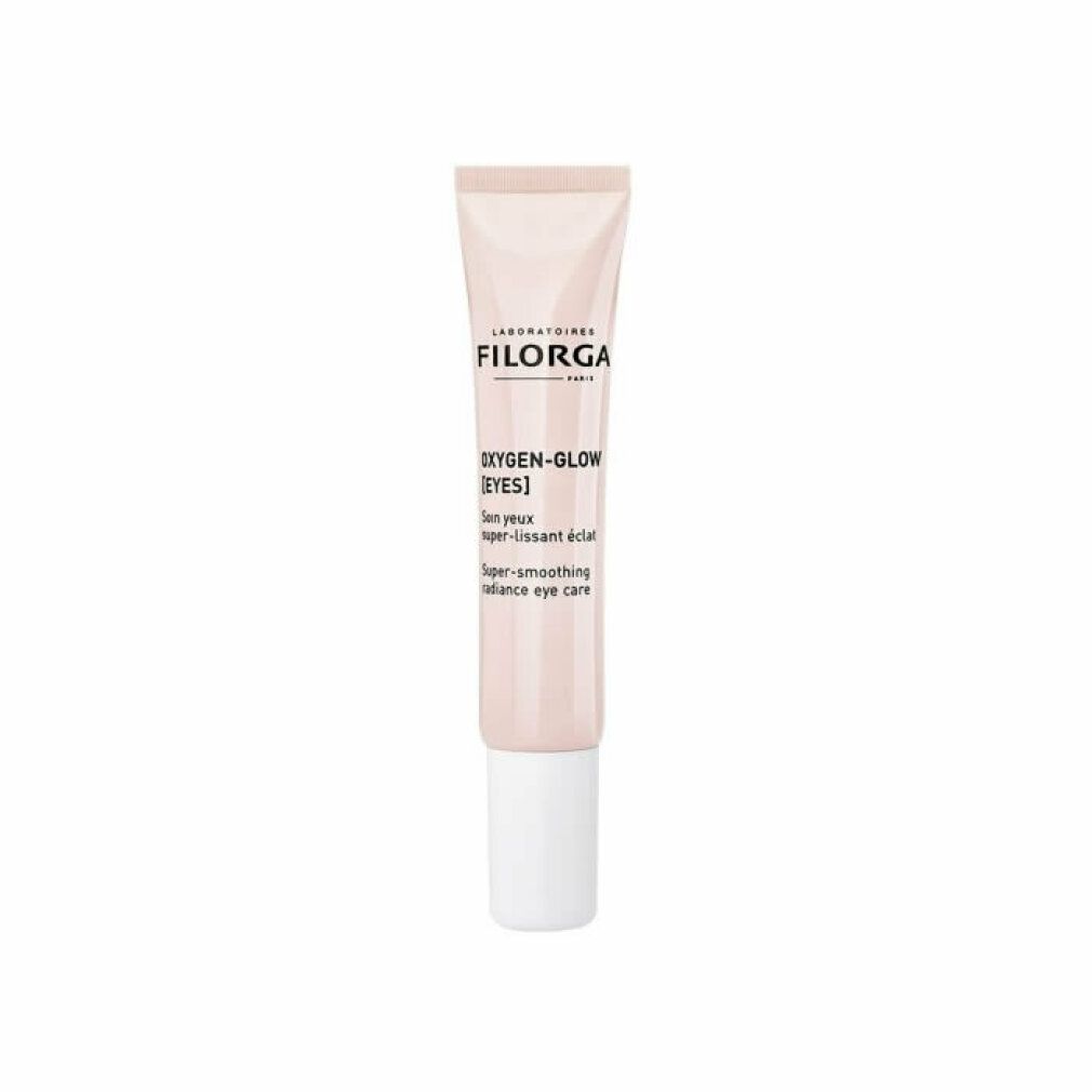 Rosa Tube mit weißem Verschluss. Aufschrift: FILORGA, Oxygen-Glow [EYES], Super-smoothing radiance eye care.