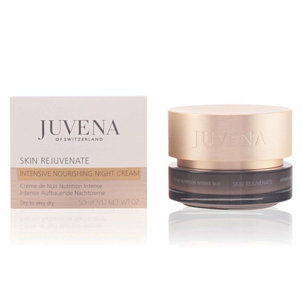 Creme-Tiegel und Schachtel. Aufschrift: JUVENA OF SWITZERLAND, SKIN REJUVENATE, INTENSIVE NOURISHING NIGHT CREAM. Schachtel: Text in mehreren Sprachen.