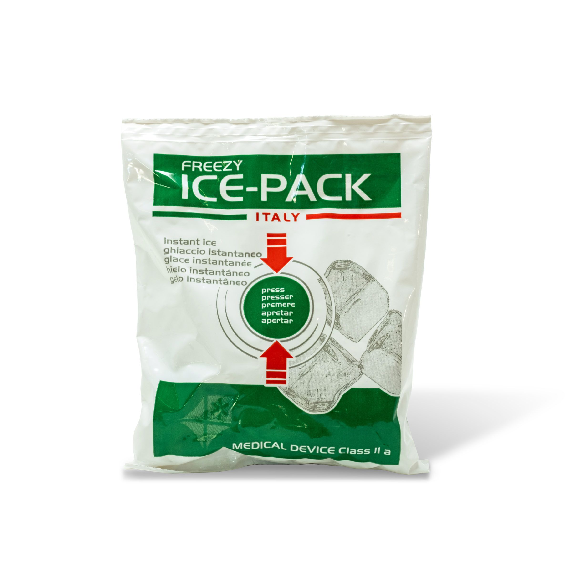Weißer Beutel mit grünem Streifen. Aufschrift: FREEZY ICE-PACK ITALY. Text: Instant Ice. Medizinprodukt Klasse IIa. Anweisungen zum Aktivieren.