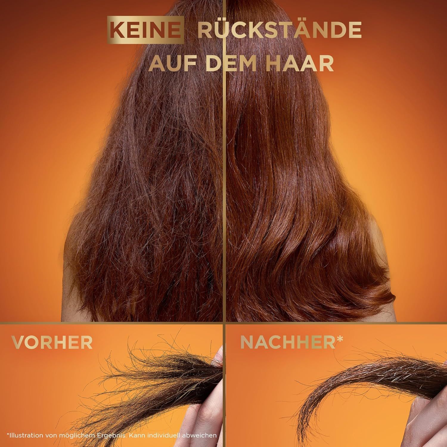 Vergleich: Vorher-Nachher-Ansicht von Haaren. Text: Keine Rückstände auf dem Haar. Deutliche Verbesserung der Haarstruktur.