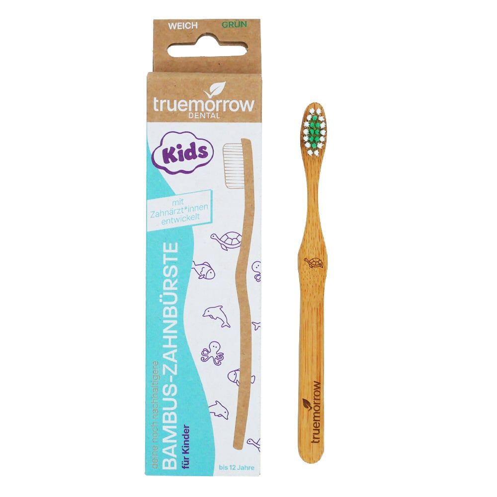 truemorrow Bambus-Zahnbürste für Kinder (mit Meerestier-Gravuren) Grün / Weich