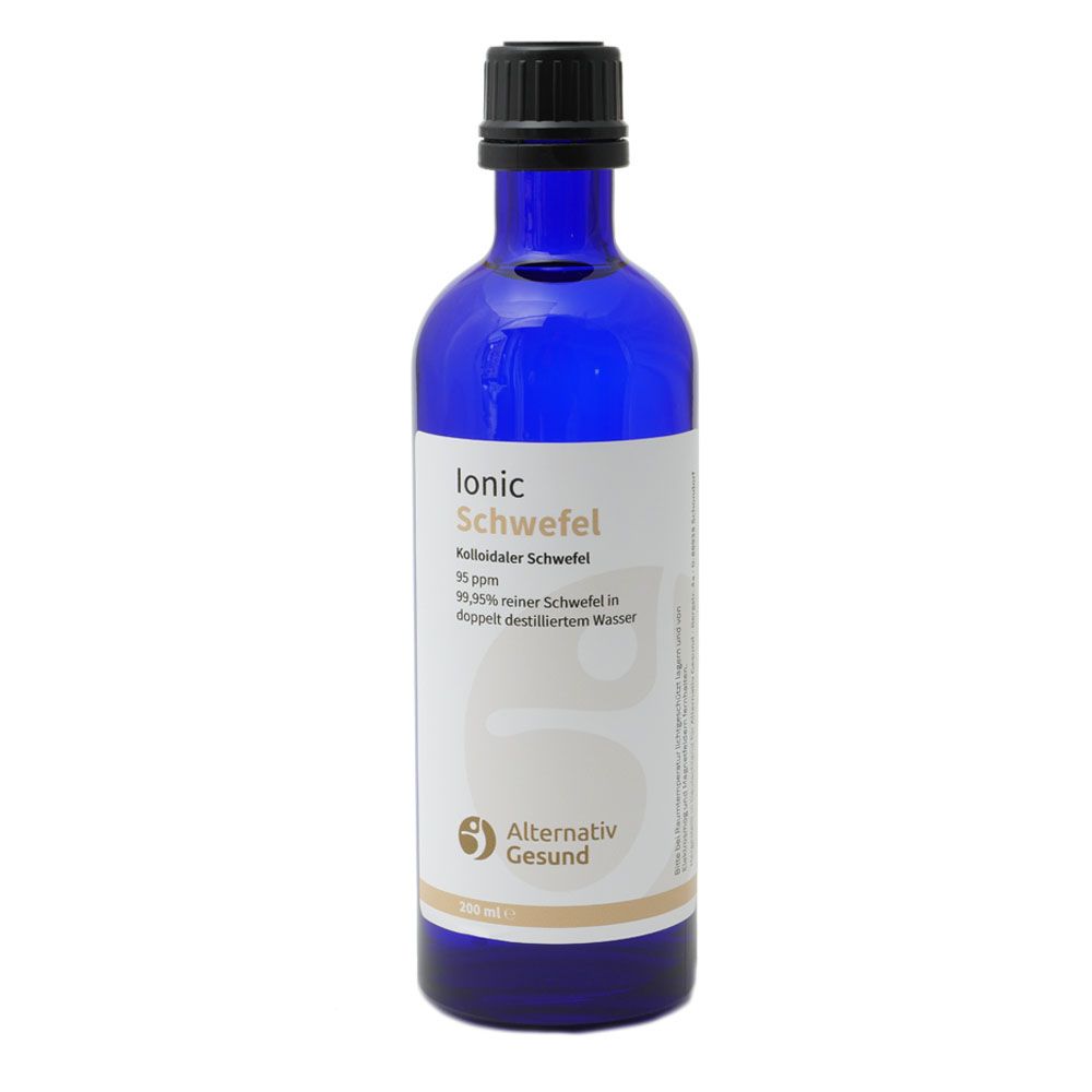 Blaue Glasflasche mit schwarzem Verschluss. Aufschrift: Ionic Schwefel, Alternativ Gesund.