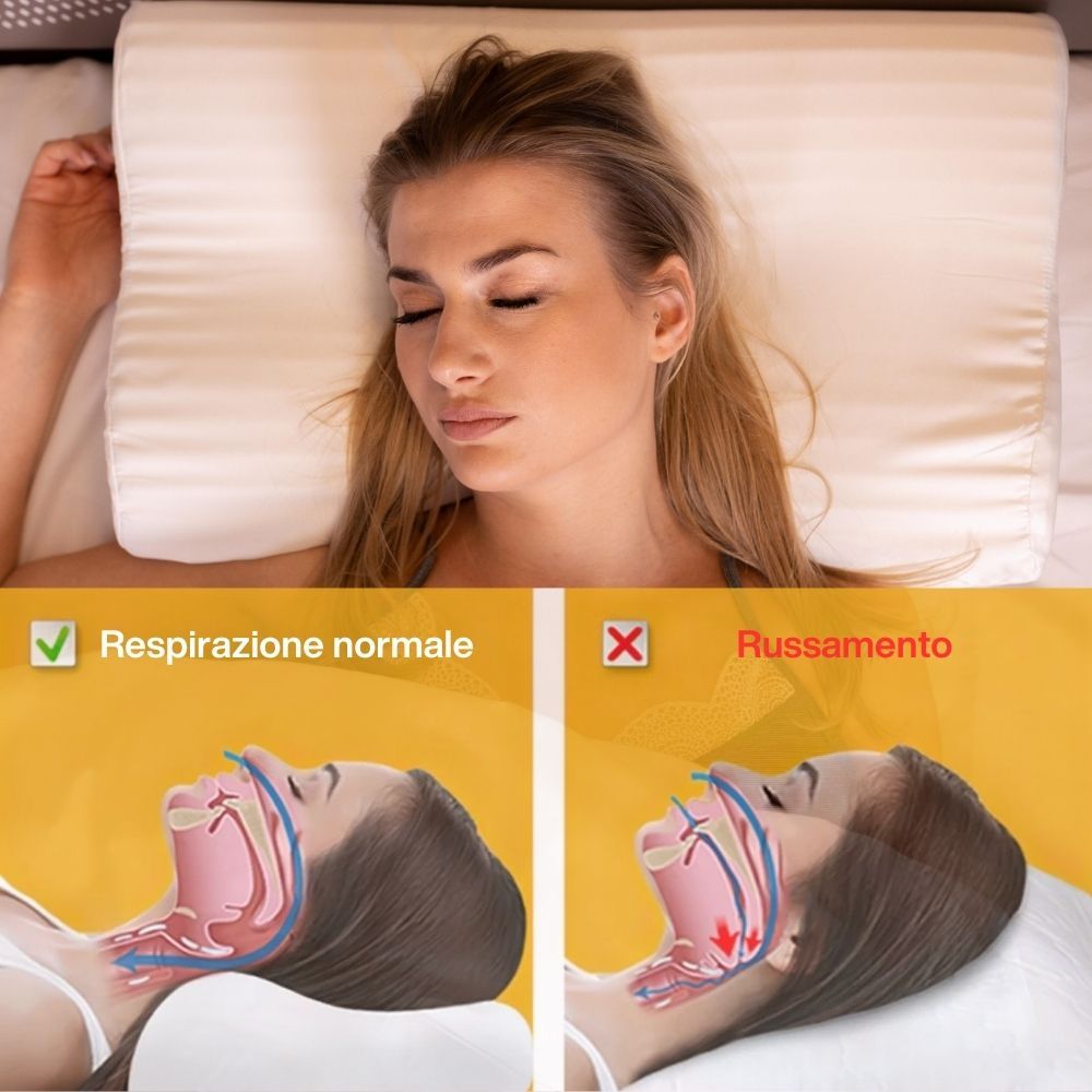 Donna dorme su cuscino. Diagrammi respirazione normale e russamento.