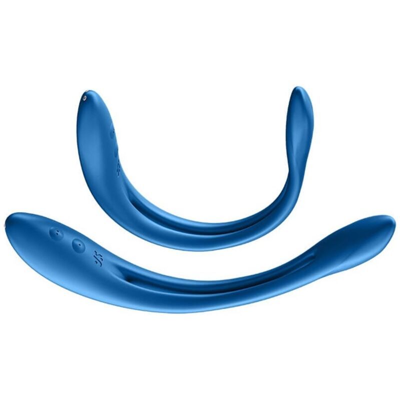 Zwei blaue Vibratoren. Geschwungene Form. Zwei Knöpfe und Logo. 