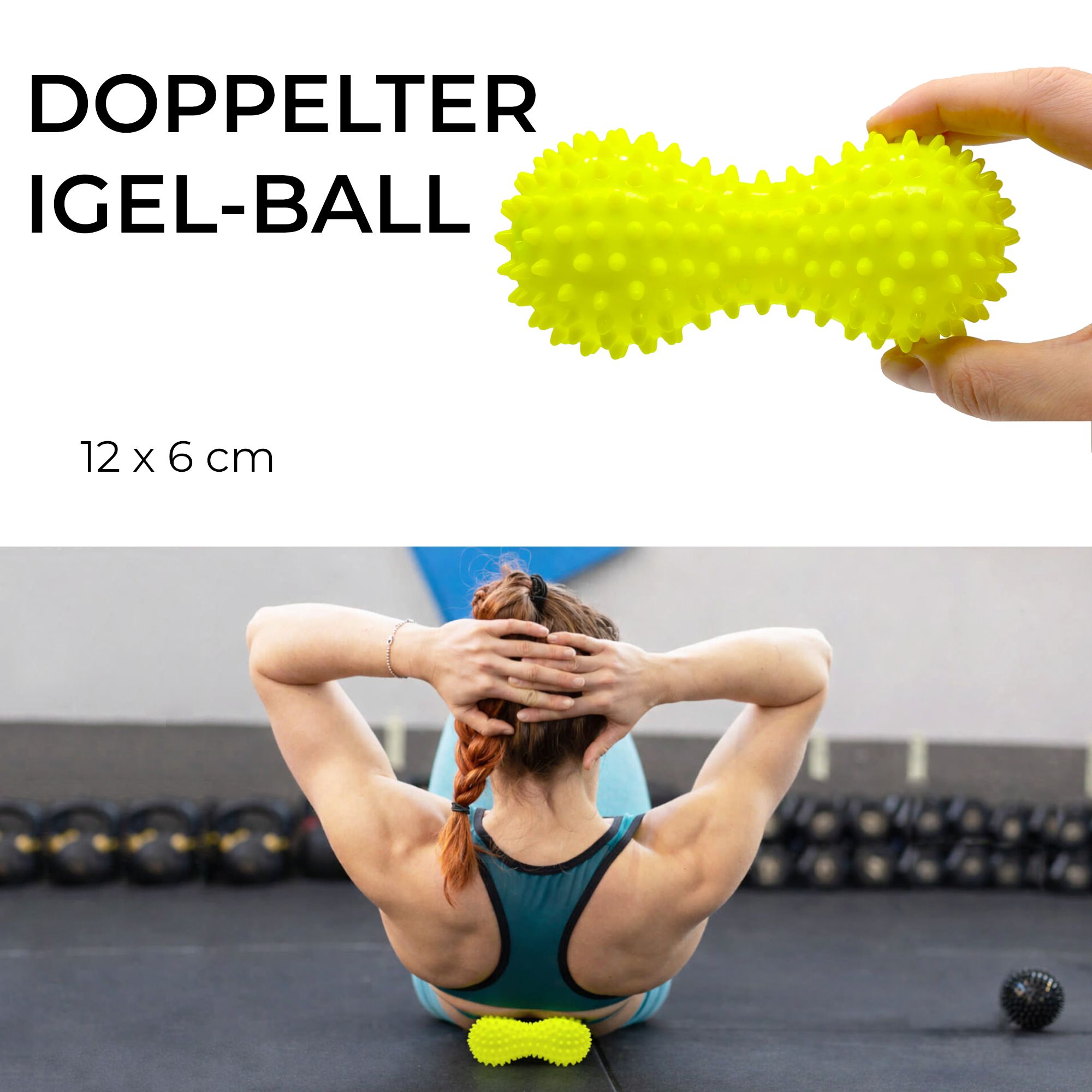 Gelber Igelball in Doppelballform für gezielte Massagen.