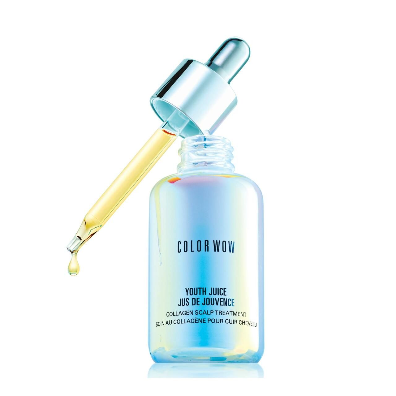 Flasche mit Tropfer, Tropfen fallen heraus. Aufschrift: COLOR WOW, YOUTH JUICE, COLLAGEN SCALP TREATMENT. Holografische Oberfläche.