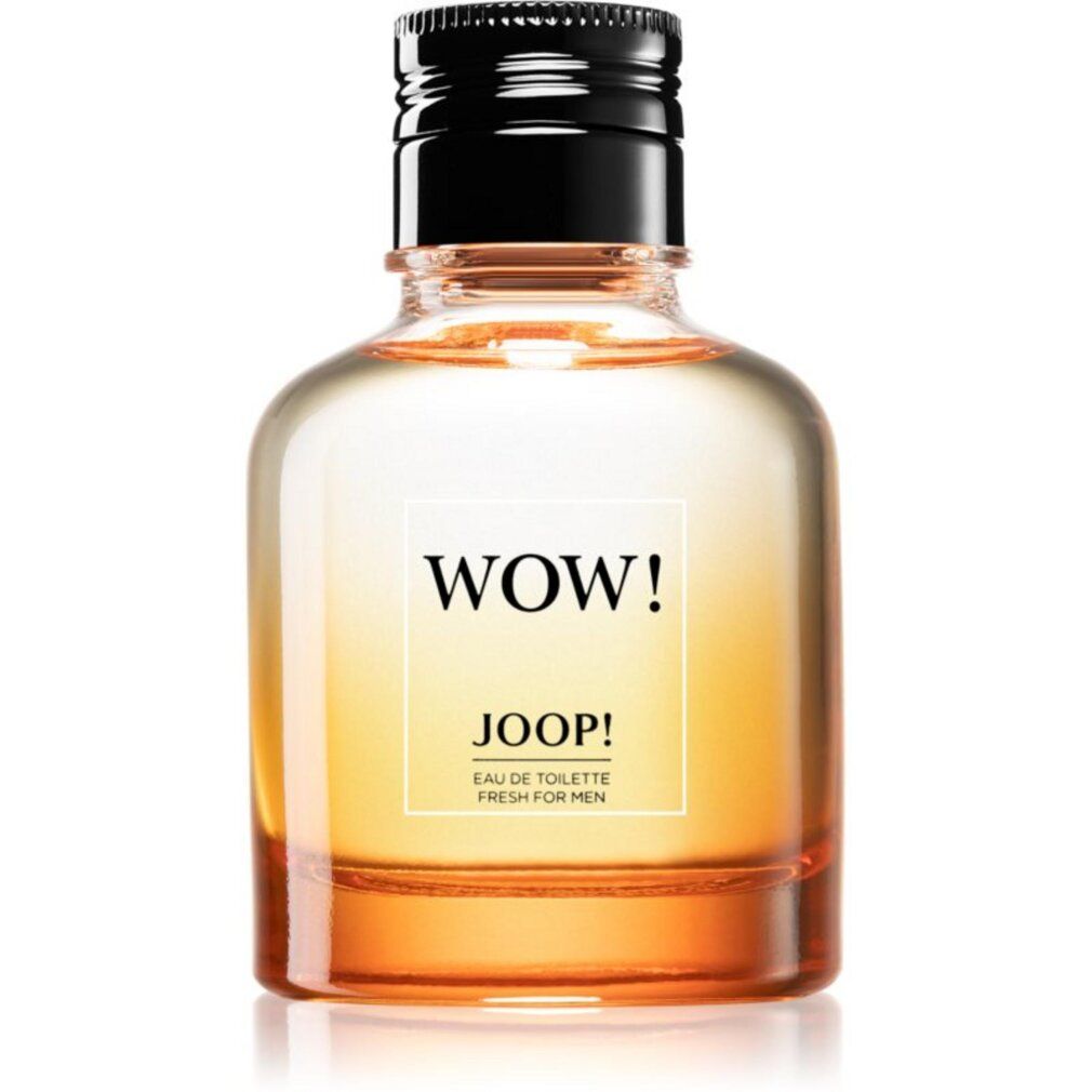 Parfümflakon mit schwarzem Verschluss. Aufschrift: WOW! JOOP! Eau de Toilette Fresh for Men. Farbverlauf von gelb nach orange.