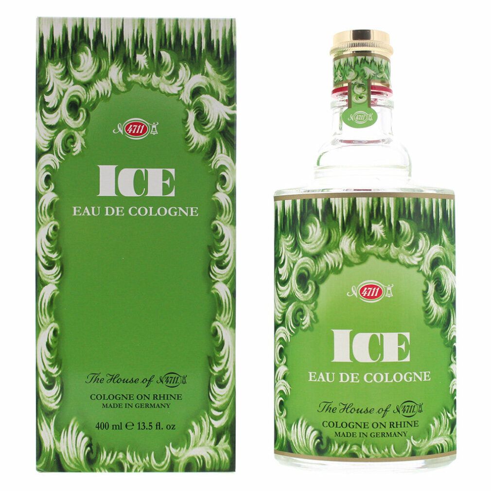 Grüne Schachtel und Flakon. Aufschrift "ICE Eau de Cologne". Logo "4711". Flakon mit goldfarbenem Verschluss.