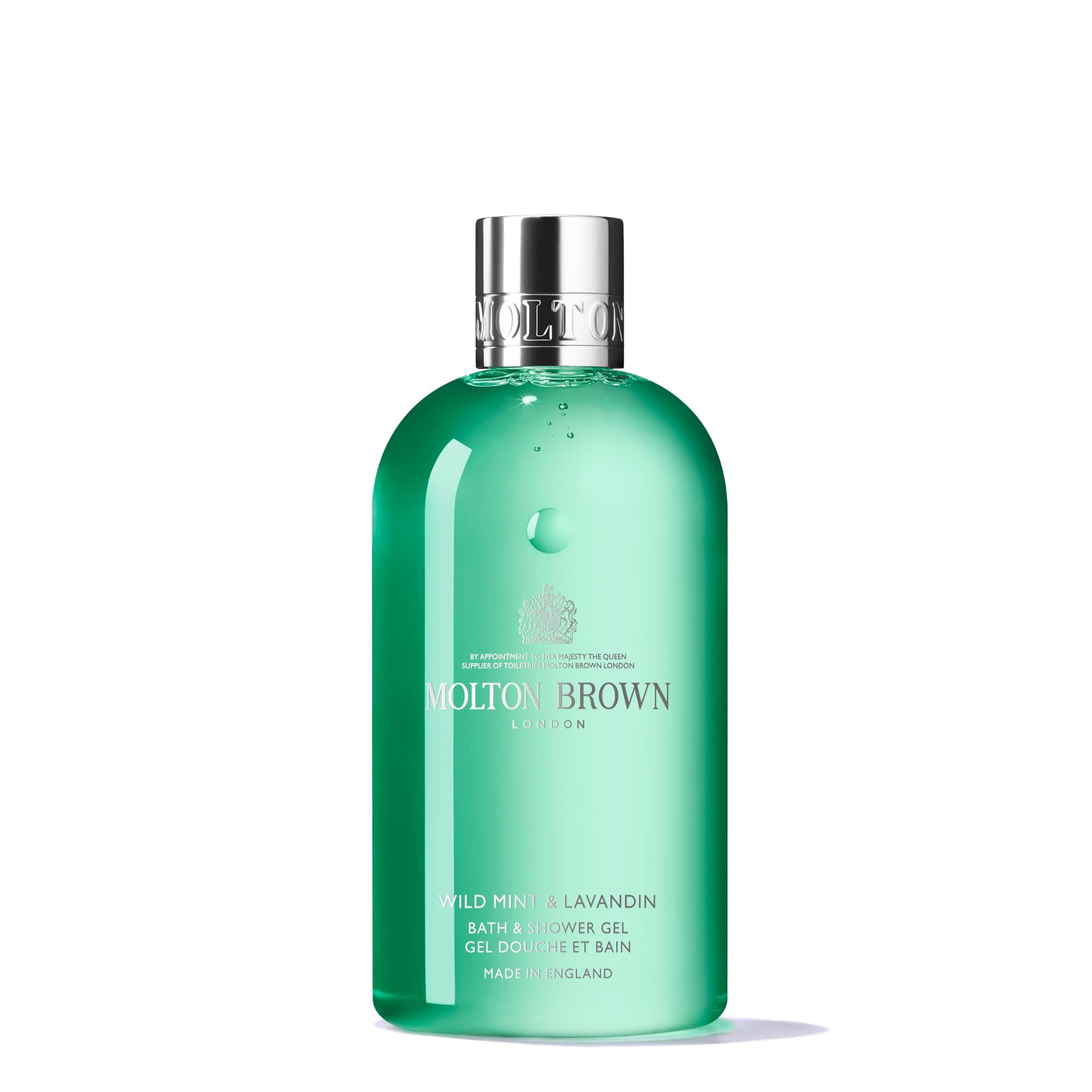 Grüne Flasche mit silbernem Deckel. Aufschrift: Molton Brown, Wild Mint & Lavandin Bath & Shower Gel.