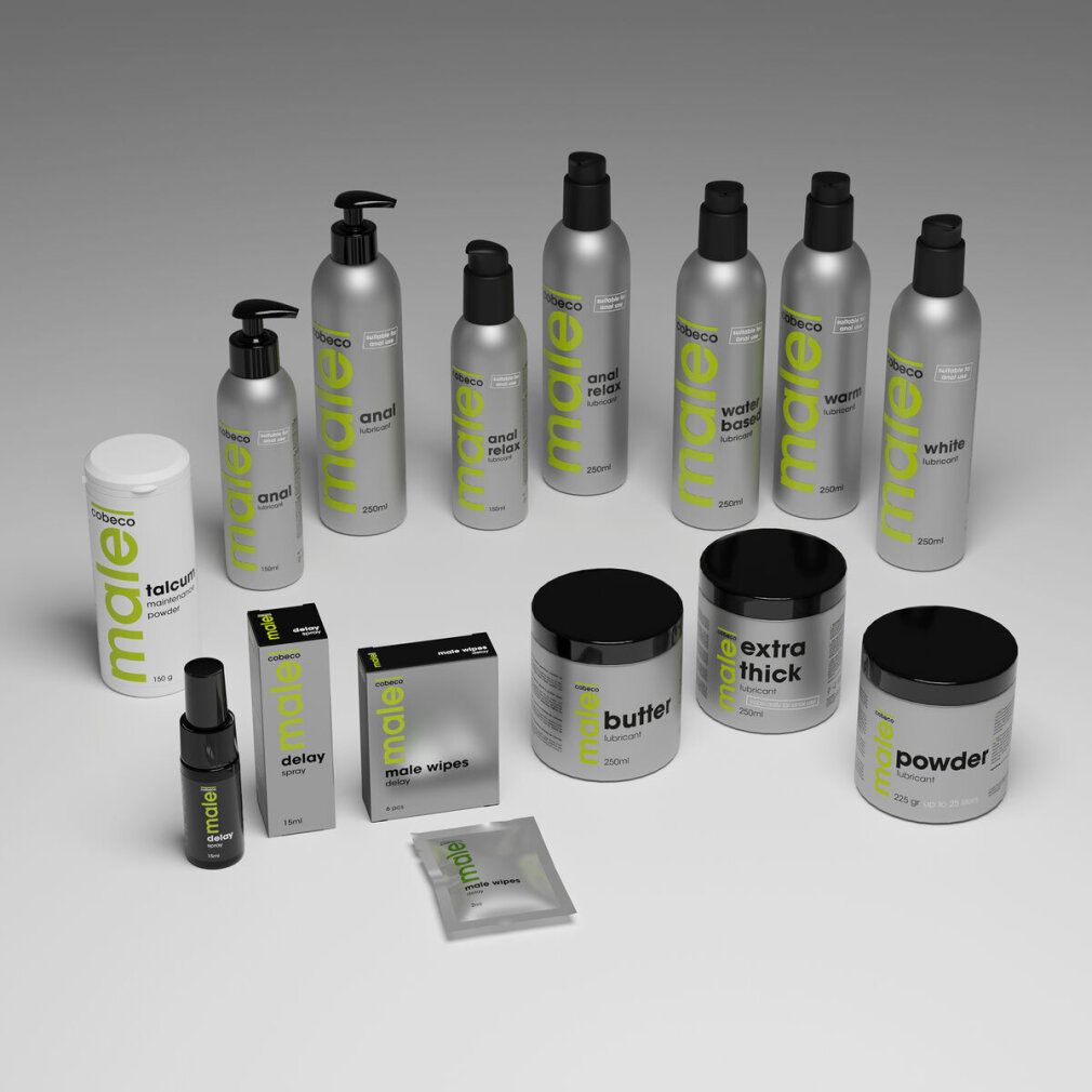 Mehrere Produkte. Flaschen, Tiegel, Tücher. Aufschrift: male, white, lubricant, butter, powder. Marke: Cobeco.
