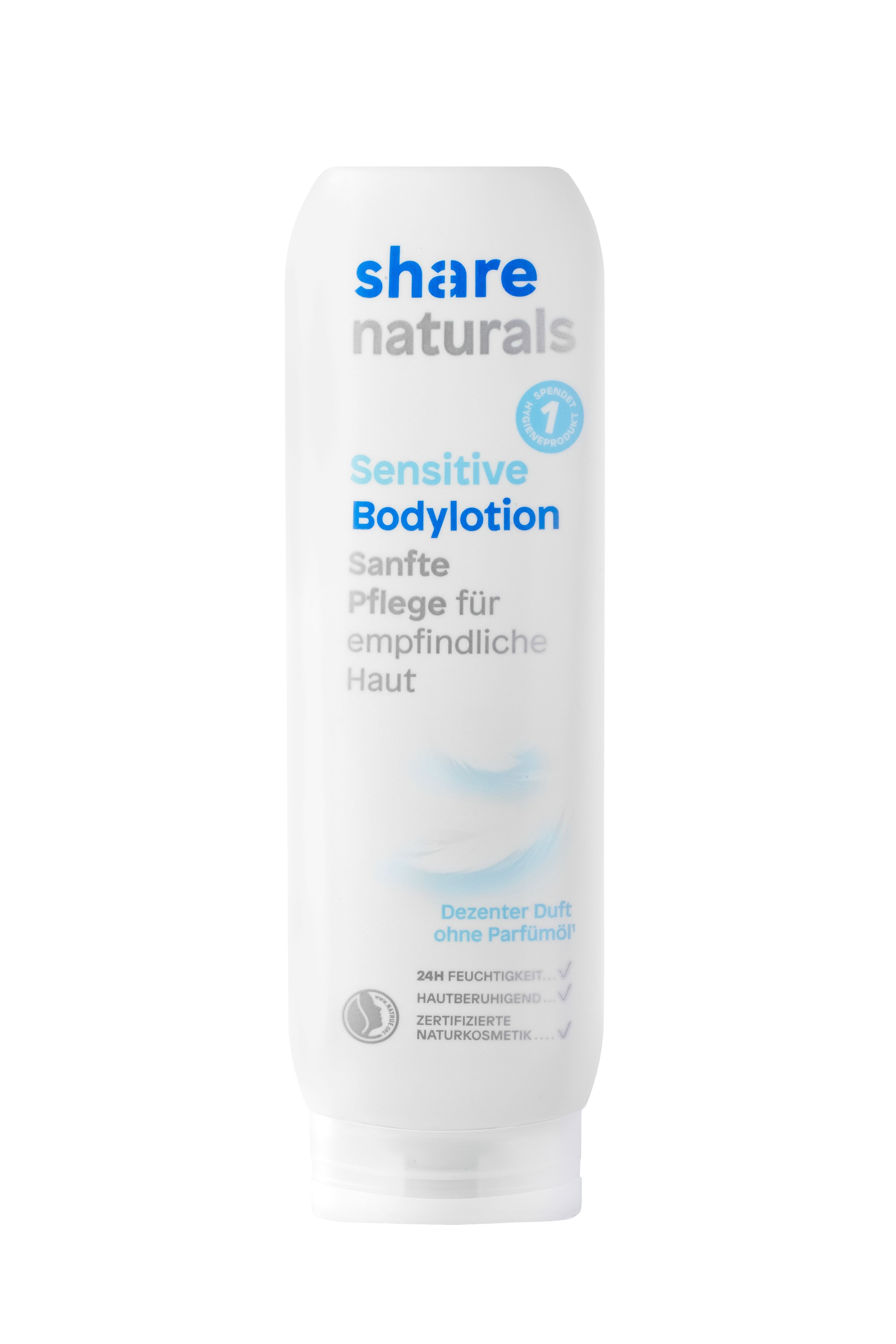 Weiße Flasche mit "share naturals Sensitive Bodylotion". Text: Sanfte Pflege für empfindliche Haut. Zertifizierte Naturkosmetik.