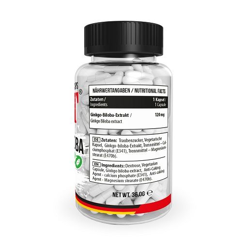 Rückseite einer Flasche mit weißen Kapseln. Aufschrift Nährwertangaben. Zutaten: Ginkgo-Biloba-Extrakt, 120mg. Nettogewicht 36,0g.