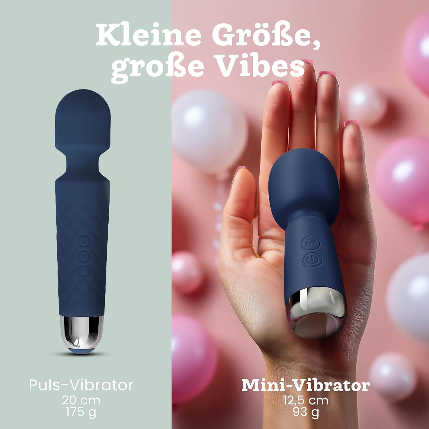 Blauer Mini Vibrator (12,5 cm) in einer Hand, daneben ein längerer blauer Vibrator (20 cm).