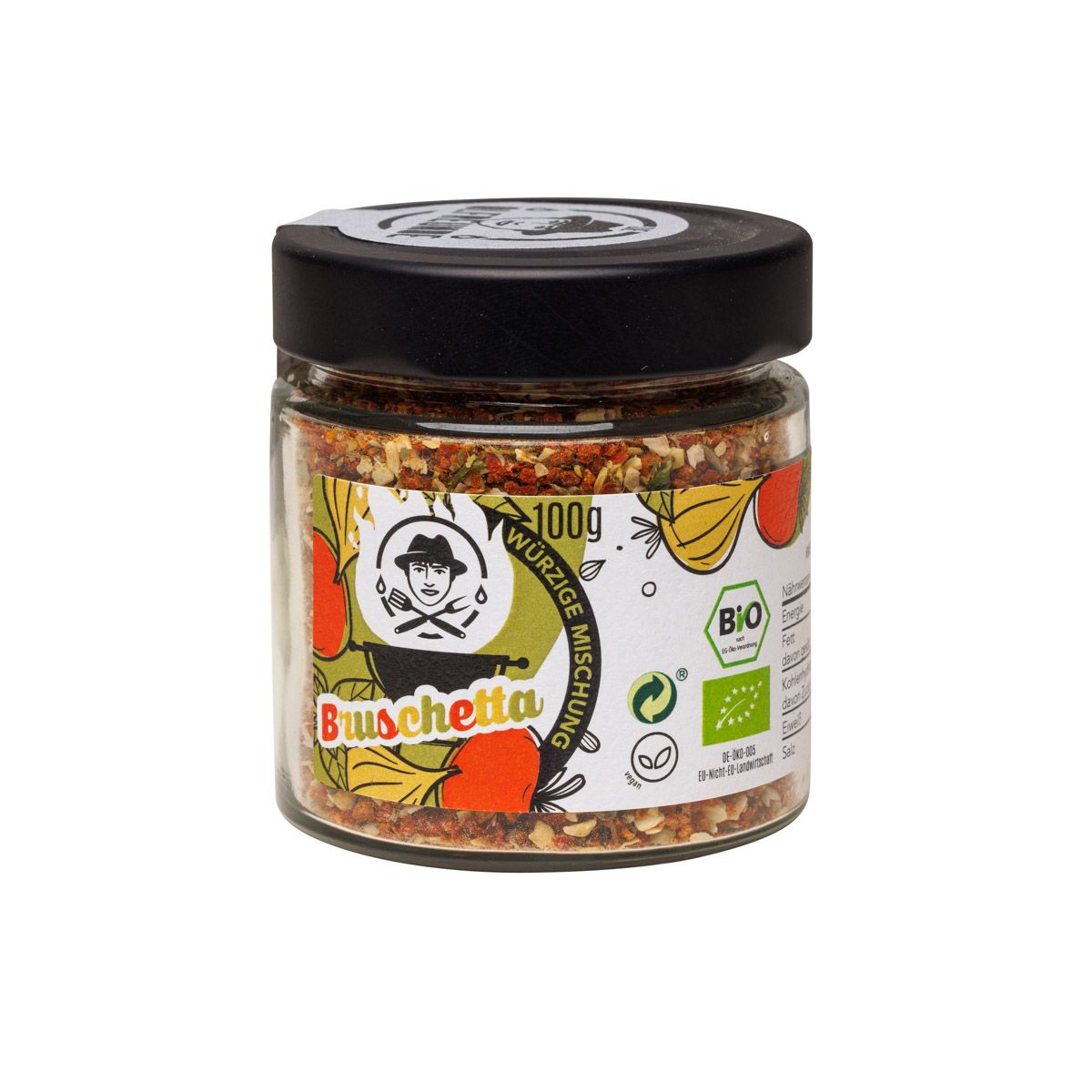 Glas mit Bruschetta-Gewürzmischung. Schwarzer Deckel, Etikett mit Logo und Bio-Siegel. Aufschrift: 100g, Würzige Mischung.