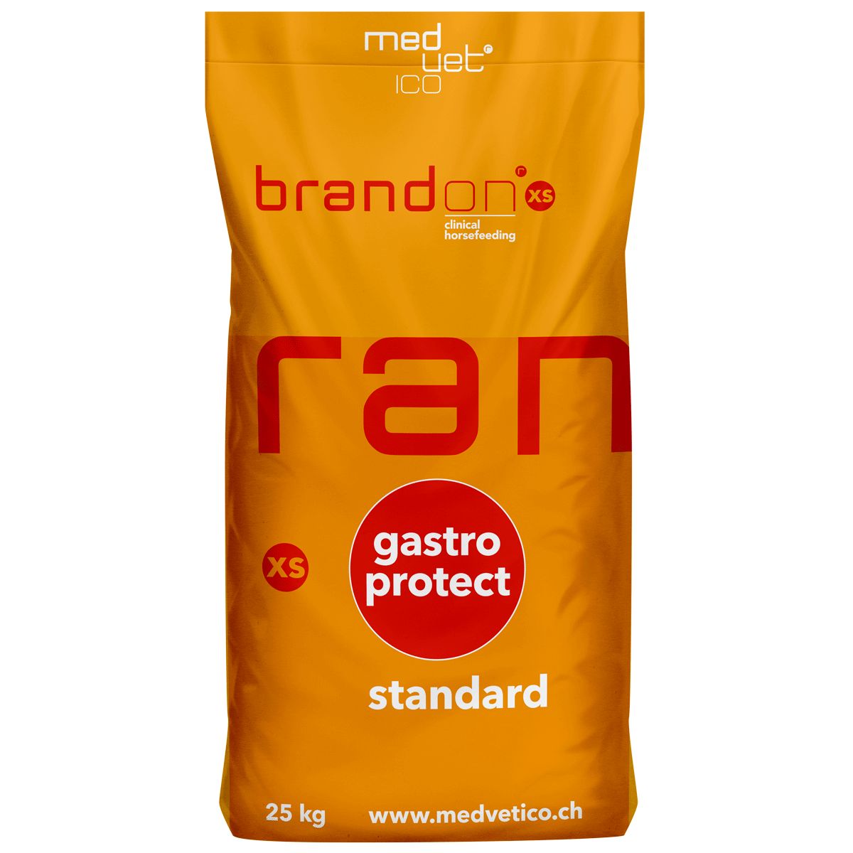 Orangefarbener Sack mit "brandon xs" und "gastro protect". Text: "clinical horsefeeding", "standard", "25 kg".