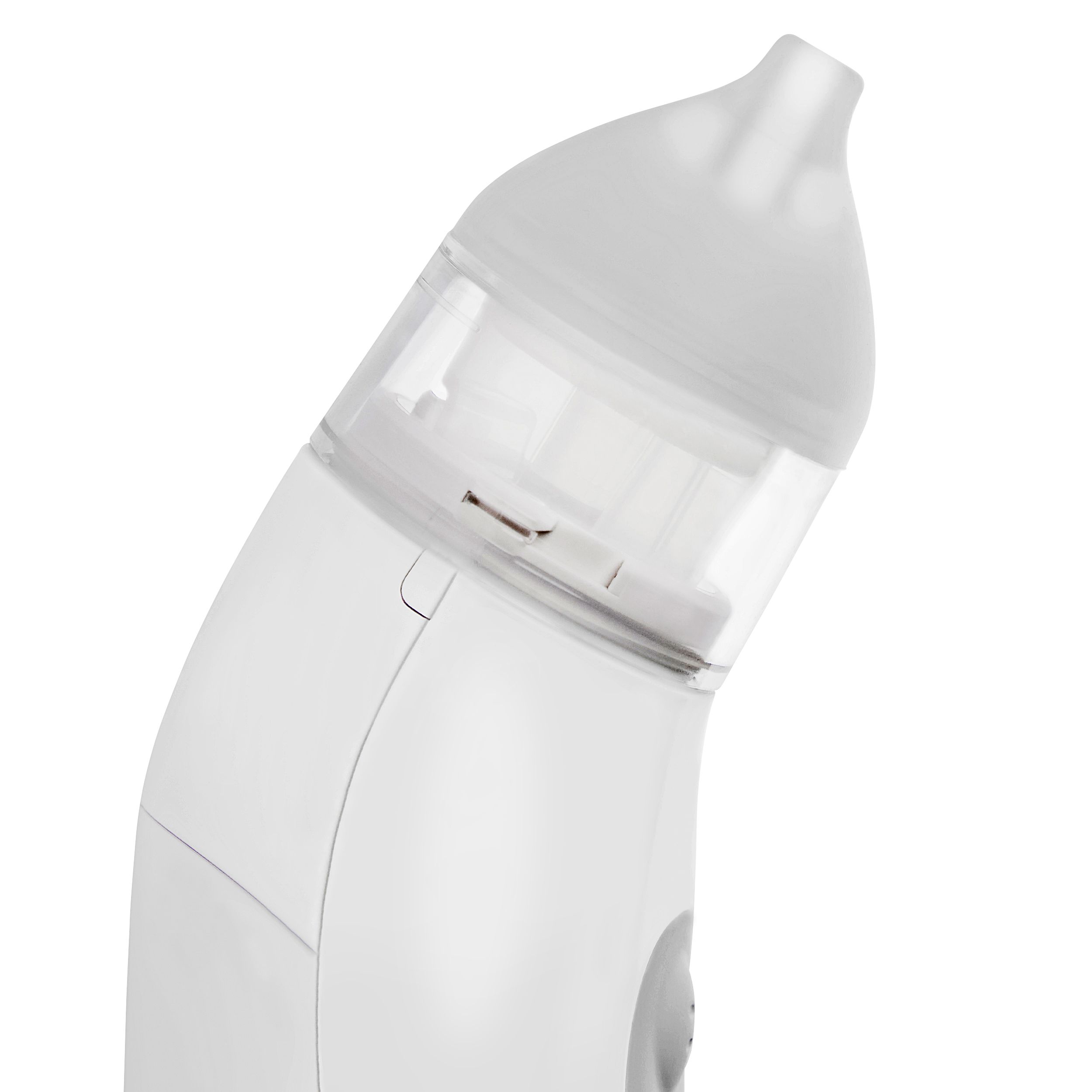Nahaufnahme des oberen Teils eines weißen elektrischen Nasensaugers mit Silikonspitze.