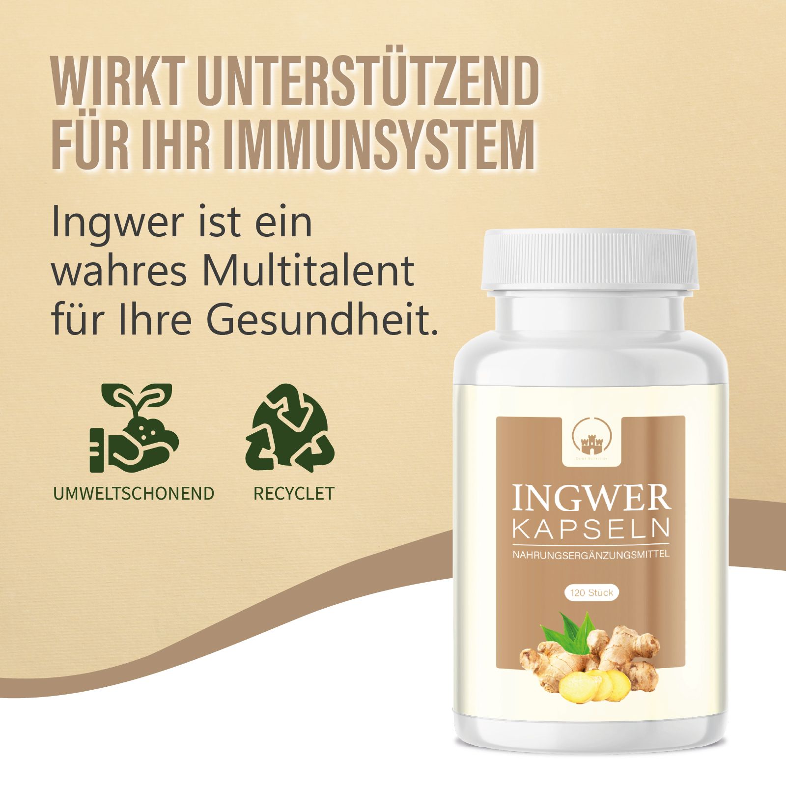 Produktflasche mit Text: Ingwer Kapseln. Text: Wirkt unterstützend für Ihr Immunsystem. Umweltzeichen.