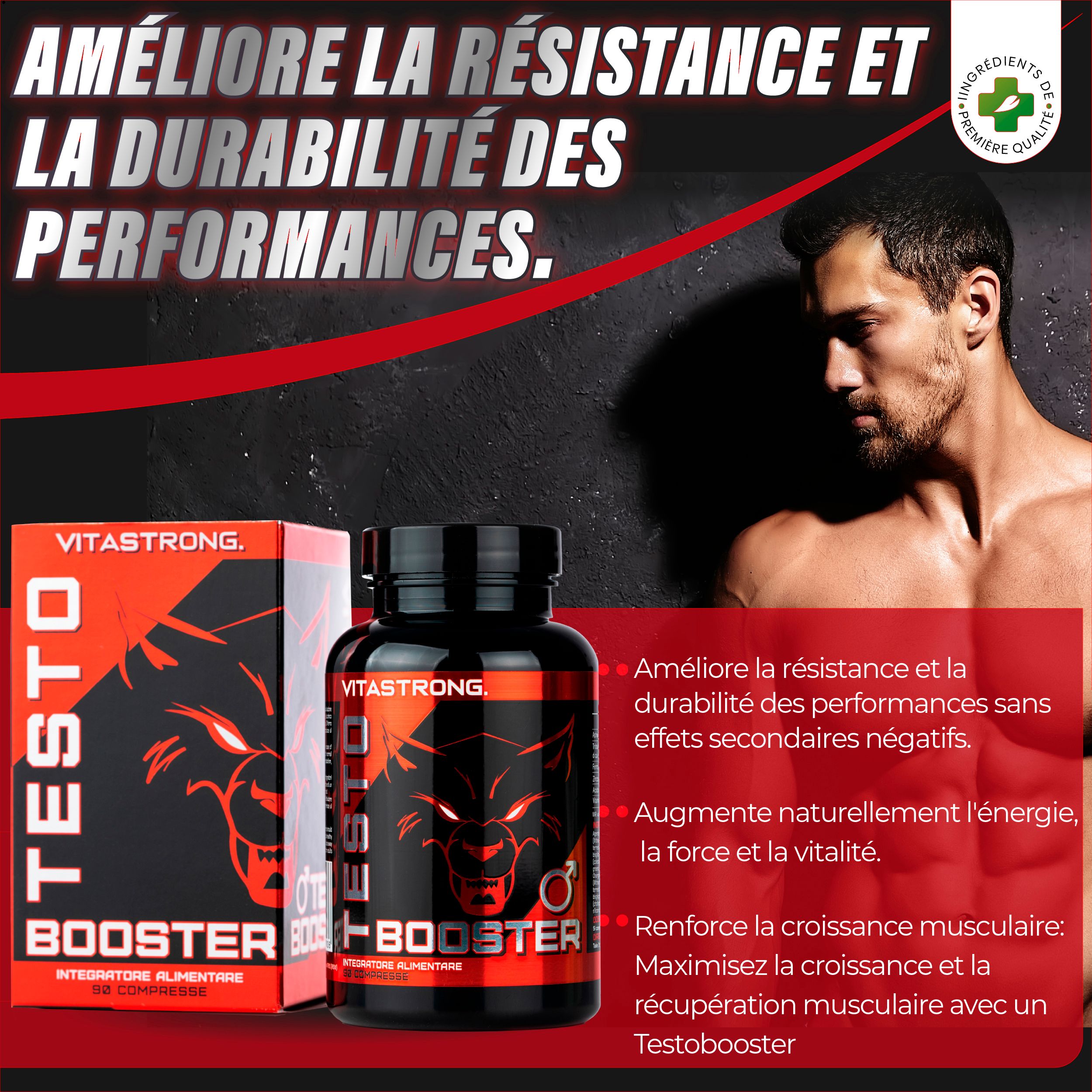 Flacon et boîte Vitastrong Testobooster. Homme en arrière-plan. Texte : Améliore la résistance et la durabilité des performances.
