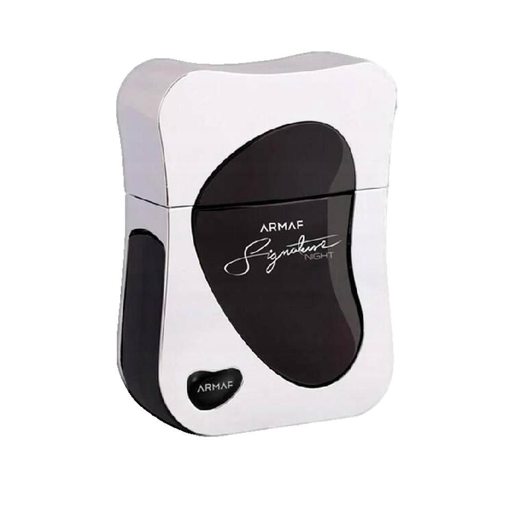 Parfumflakon, weiß-schwarz, rechteckig, abgerundet. Schriftzug und Logo auf dem Flakon.