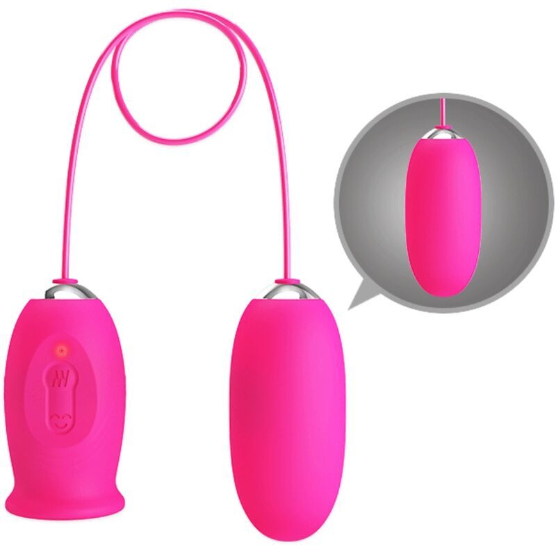 Rosa Ei-Vibrator mit zwei Teilen, verbunden durch ein rosa Kabel. Ein Teil hat eine Taste. Ein weiteres Ei-Teil.