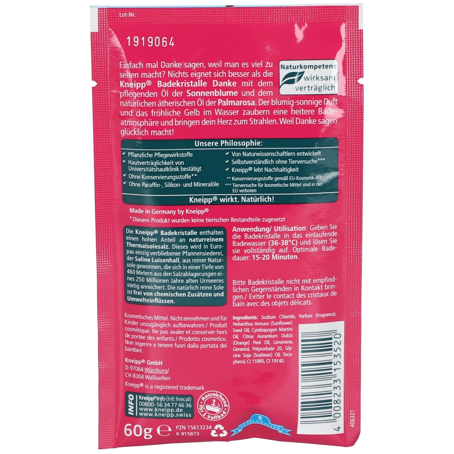 Rückseite eines rosa Beutels. Text: Kneipp Badekristalle Danke, Inhaltsstoffe, Anwendung. Naturkompetenz-Siegel. Vegan-Siegel. 60g.
