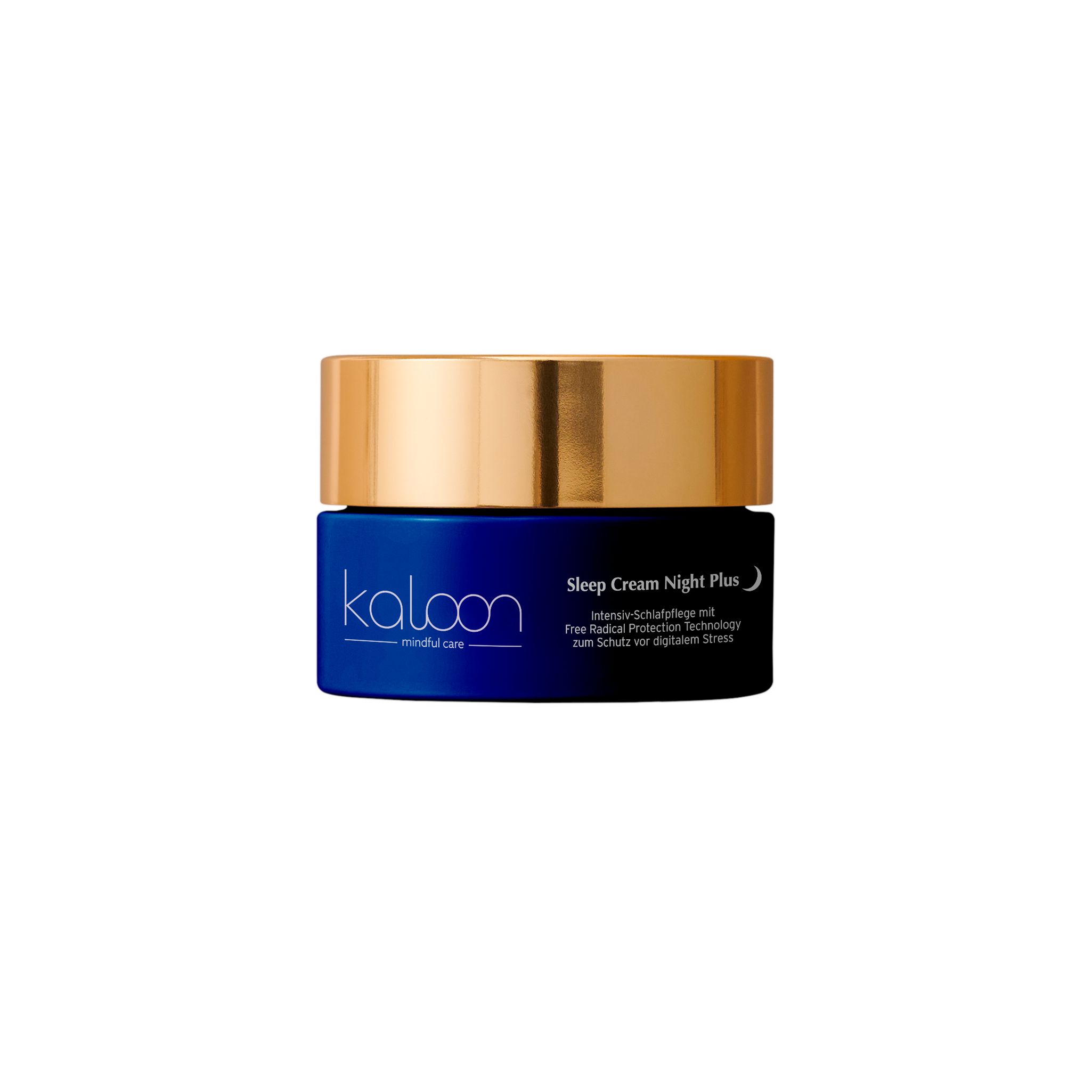 Blaue Creme-Dose mit goldenem Deckel. Aufschrift: KALOON, Sleep Cream Night Plus. Text darunter.