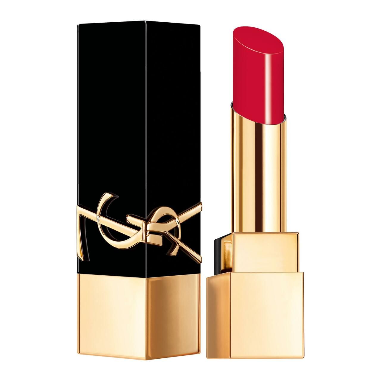 Roter Lippenstift in goldener Hülse mit schwarzem Deckel. Goldfarbenes YSL-Logo. Geöffnet, Stift sichtbar.