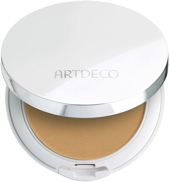 Weißer, runder Artdeco-Make-up-Behälter, geöffnet. Innen Creme-Foundation. Deckel mit Artdeco-Schriftzug.