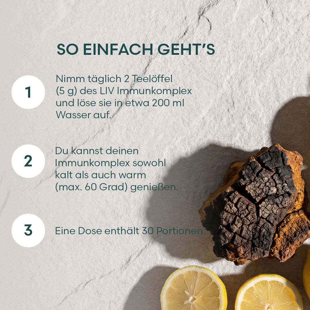 Text mit Anweisungen zur Einnahme von LIV Immun Komplex. Dose mit Chaga-Pilz und Zitronen.