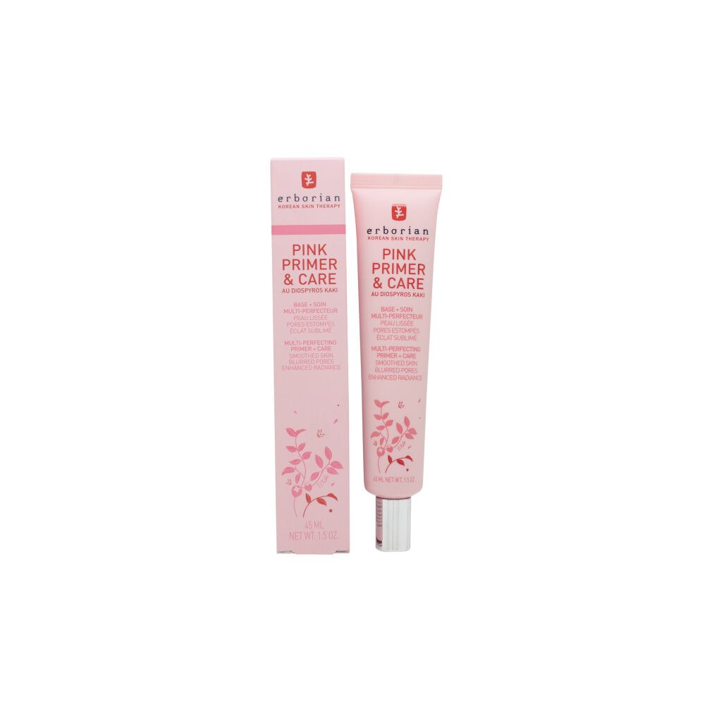 Rosa Schachtel und Tube Erborian Pink Primer & Care. Text und floralem Design. 15 ml.