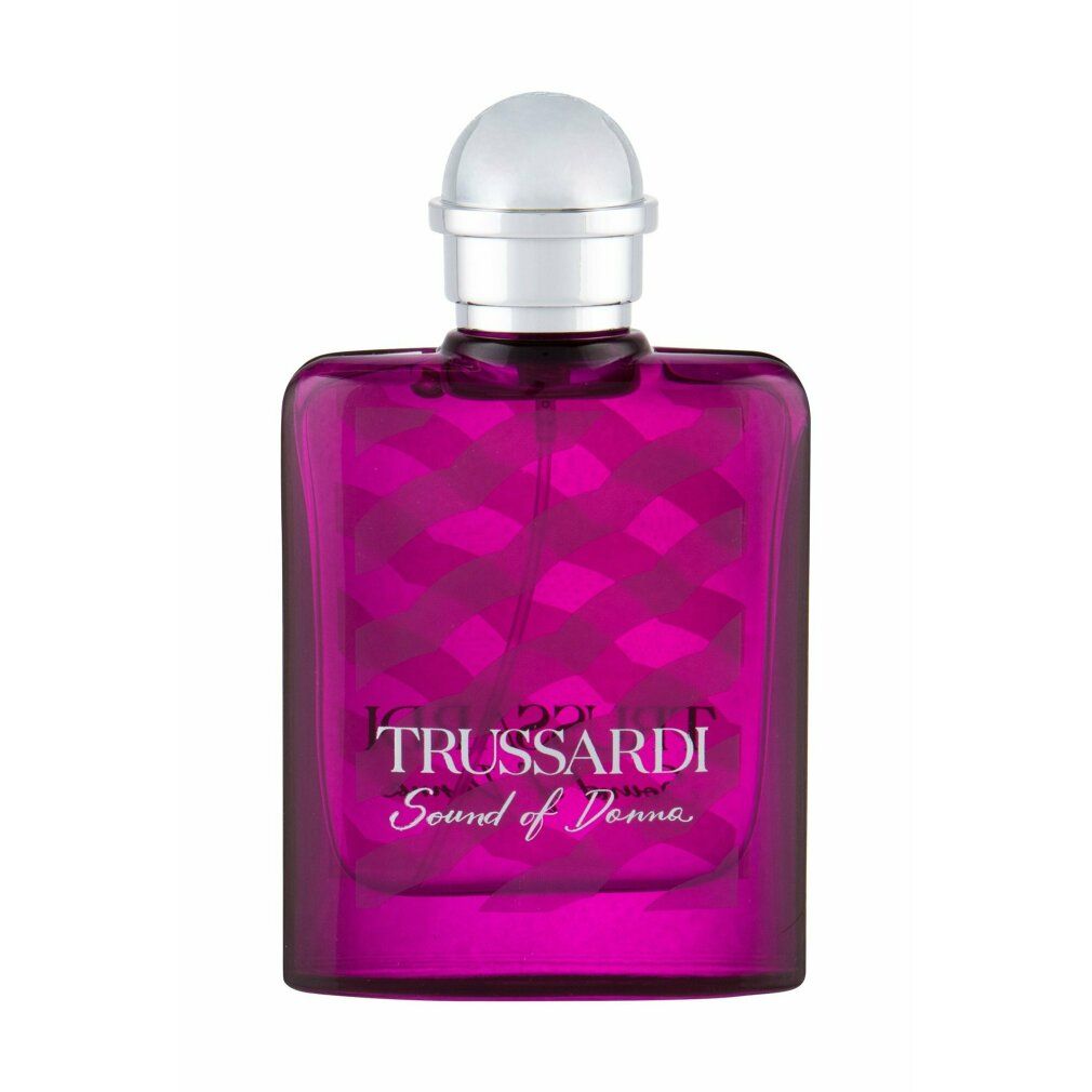 Rosa Flakon mit silbernem Deckel. Aufschrift: Trussardi Sound of Donna. Eau de Parfum.