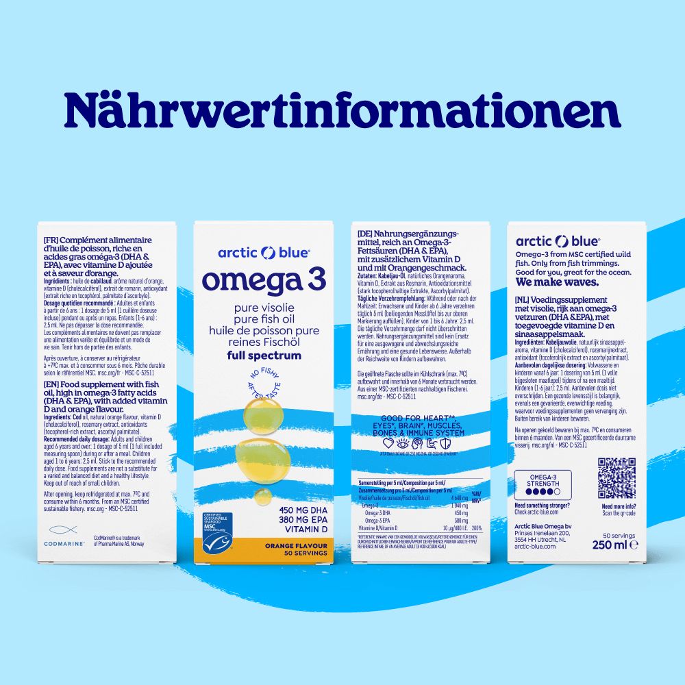 Nährwertinformationen. Arctic Blue Omega 3 Verpackung. Mehrere Sprachen.