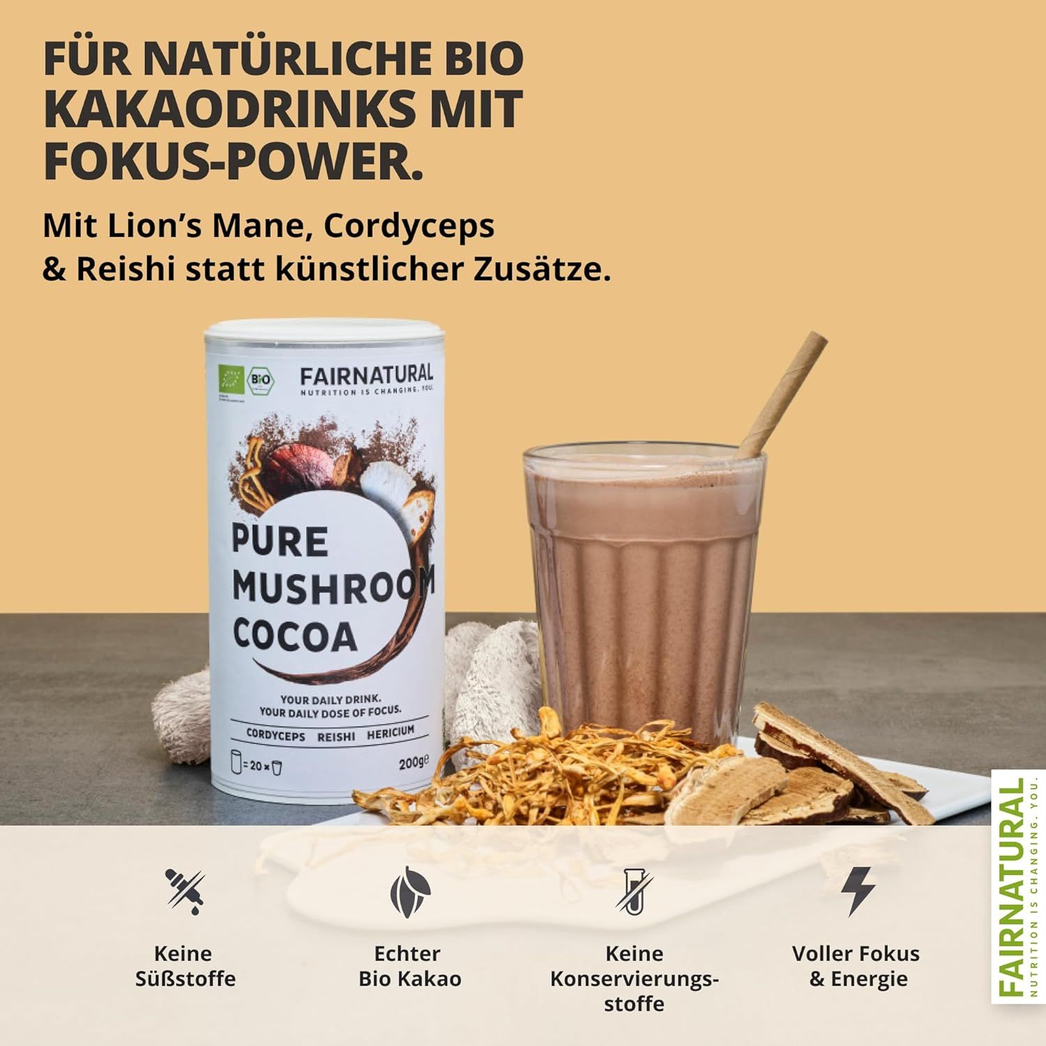 FAIRNATURAL Focus Mushroom Kakaopulver Vegan