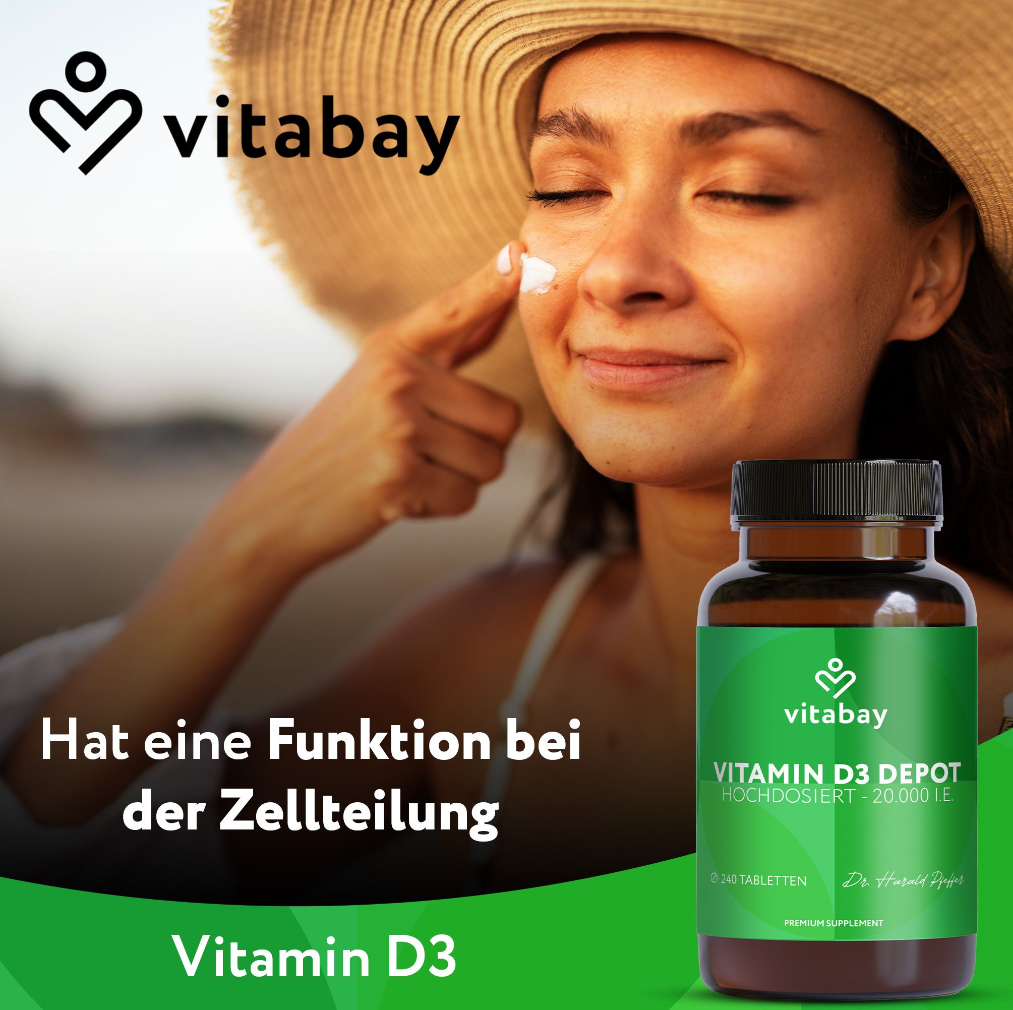 Frau am Strand. Vitabay Vitamin D3 Depot Flasche. Text: Hat eine Funktion bei der Zellteilung.