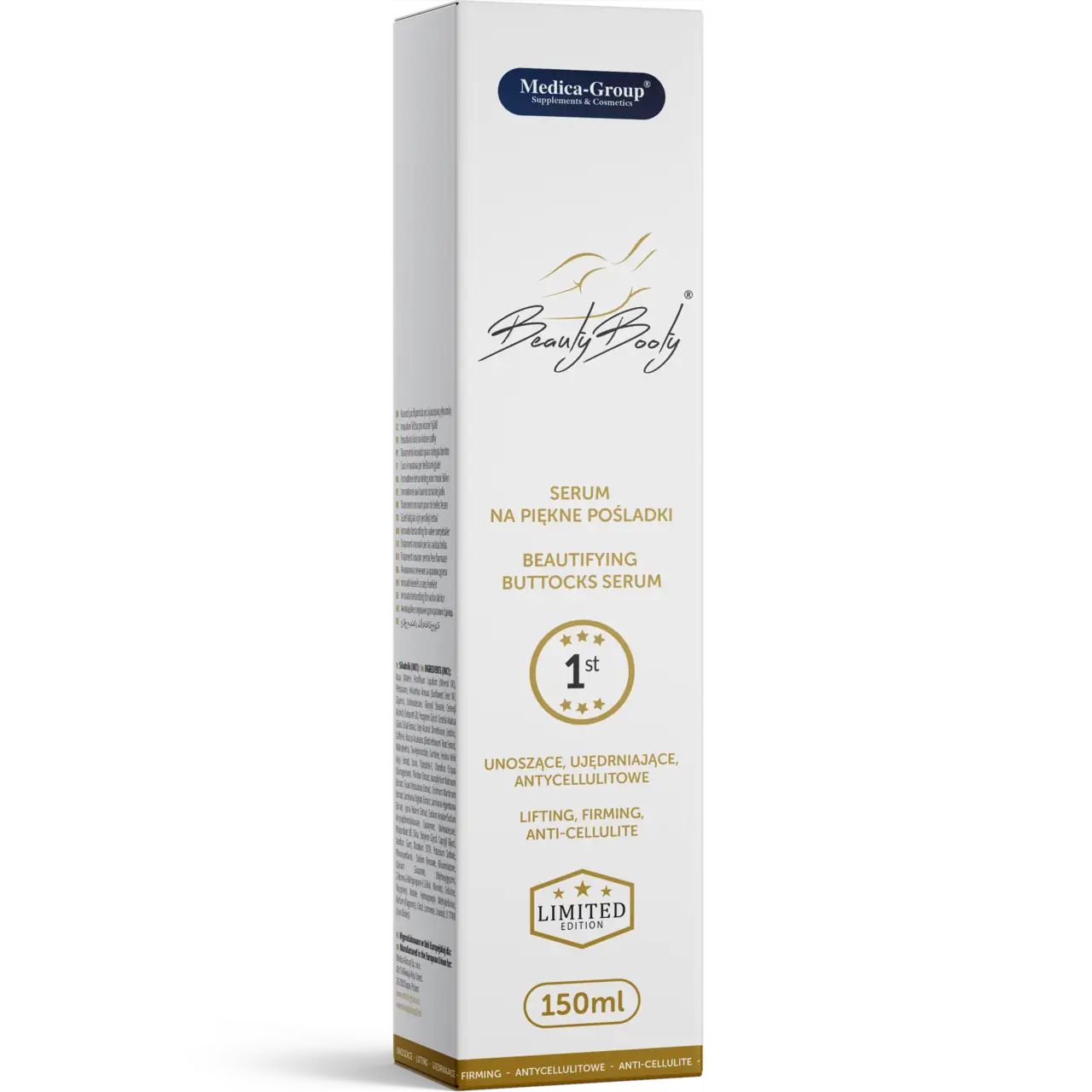 Weiße BeautyBooty Serum-Schachtel. Aufschrift: Medica-Group, BeautyBooty, Serum, 1st, Limited Edition, 150ml.