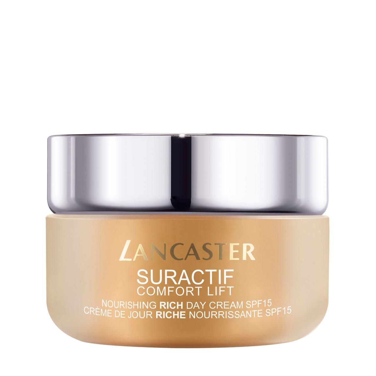 Creme-Tiegel mit silbernem Deckel. Aufschrift: Lancaster, Suractif Comfort Lift, Nourishing Rich Day Cream SPF15.