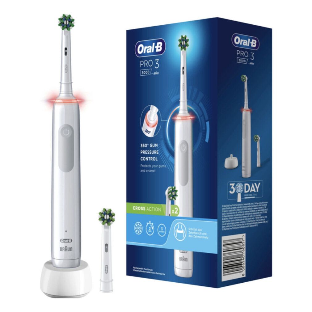 Verpackung der elektrischen Zahnbürste Oral-B Pro 3. Produkt, Ladestation und Ersatzbürste abgebildet. Stiftung Warentest Siegel.