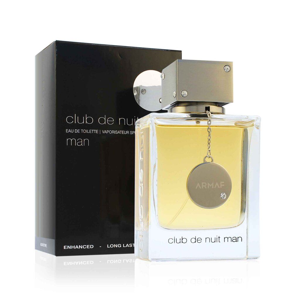 Club de Nuit Man Flakon und Verpackung. Rechteckiger Flakon mit silbernem Verschluss. Schwarze Verpackung mit weißem Kreis.