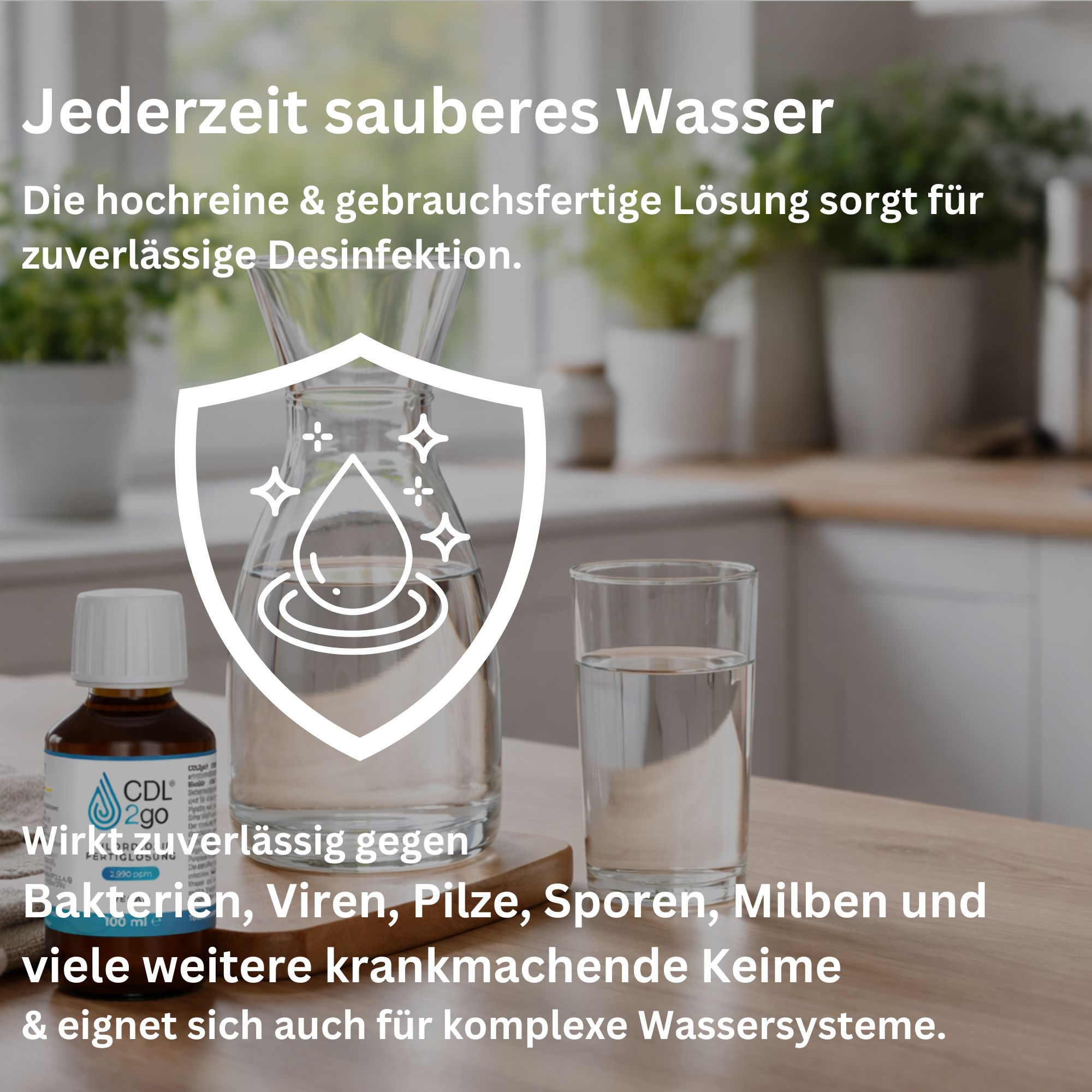 Glas mit Flüssigkeit, Flasche mit Etikett. Text: Jederzeit sauberes Wasser. Wirkt gegen Bakterien, Viren, Pilze. Wasser-Tropfen-Symbol.