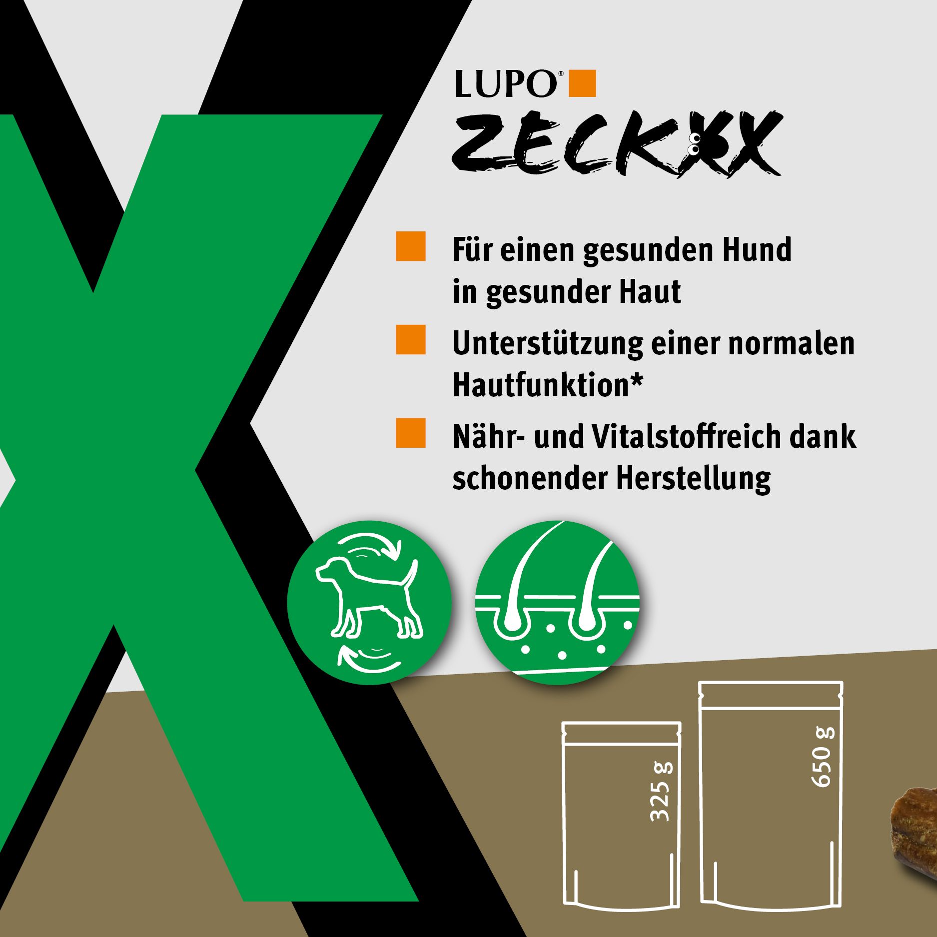 Grafik mit LUPO ZECKXX. Grün-goldene Elemente. 325g und 650g Verpackungen. Icons für Hunde.
