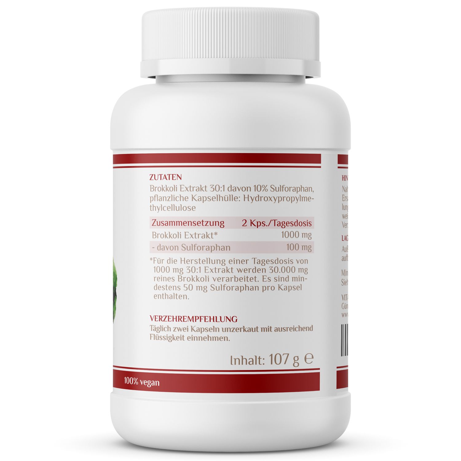 Rückseite einer weißen Kapsel-Dose mit rotem Etikett. Text: Zutaten, 2 Kps./Tagesdosis, Inhalt: 107 g, 100% vegan.