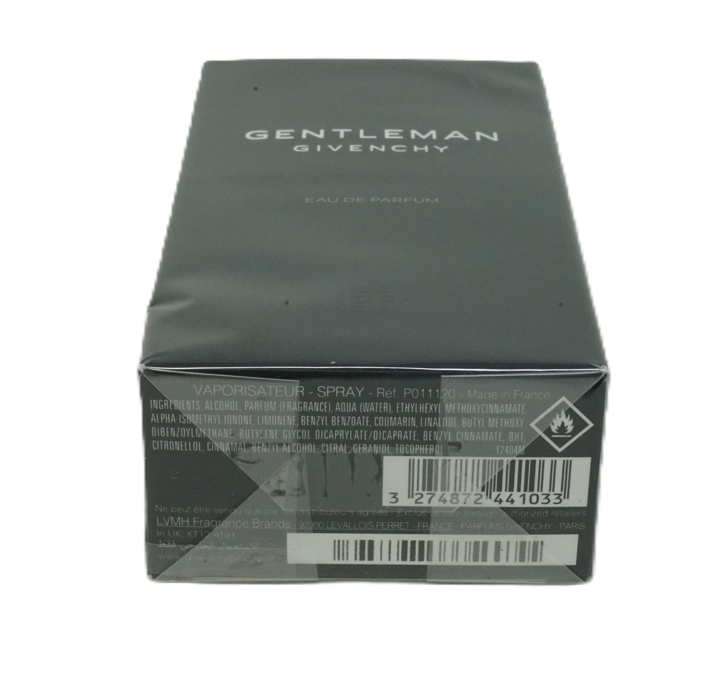Schwarzer Karton, "GENTLEMAN GIVENCHY" und "EAU DE PARFUM". Inhaltsstoffe, Barcode und Piktogramme auf der Rückseite.
