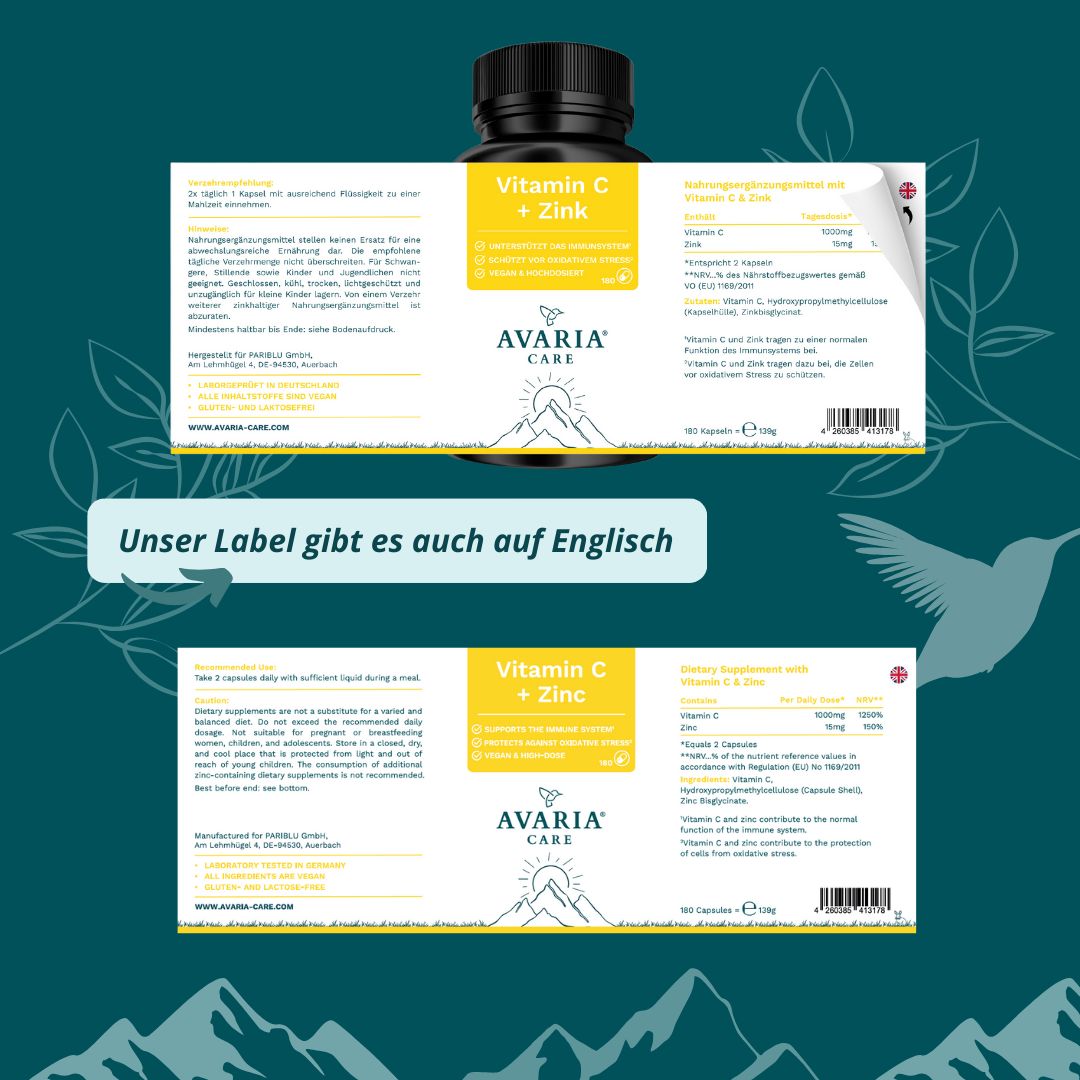 Flasche mit Vitamin C + Zink. AVARIA CARE Logo. Etikett mit Inhaltsstoffen und englischer Übersetzung.