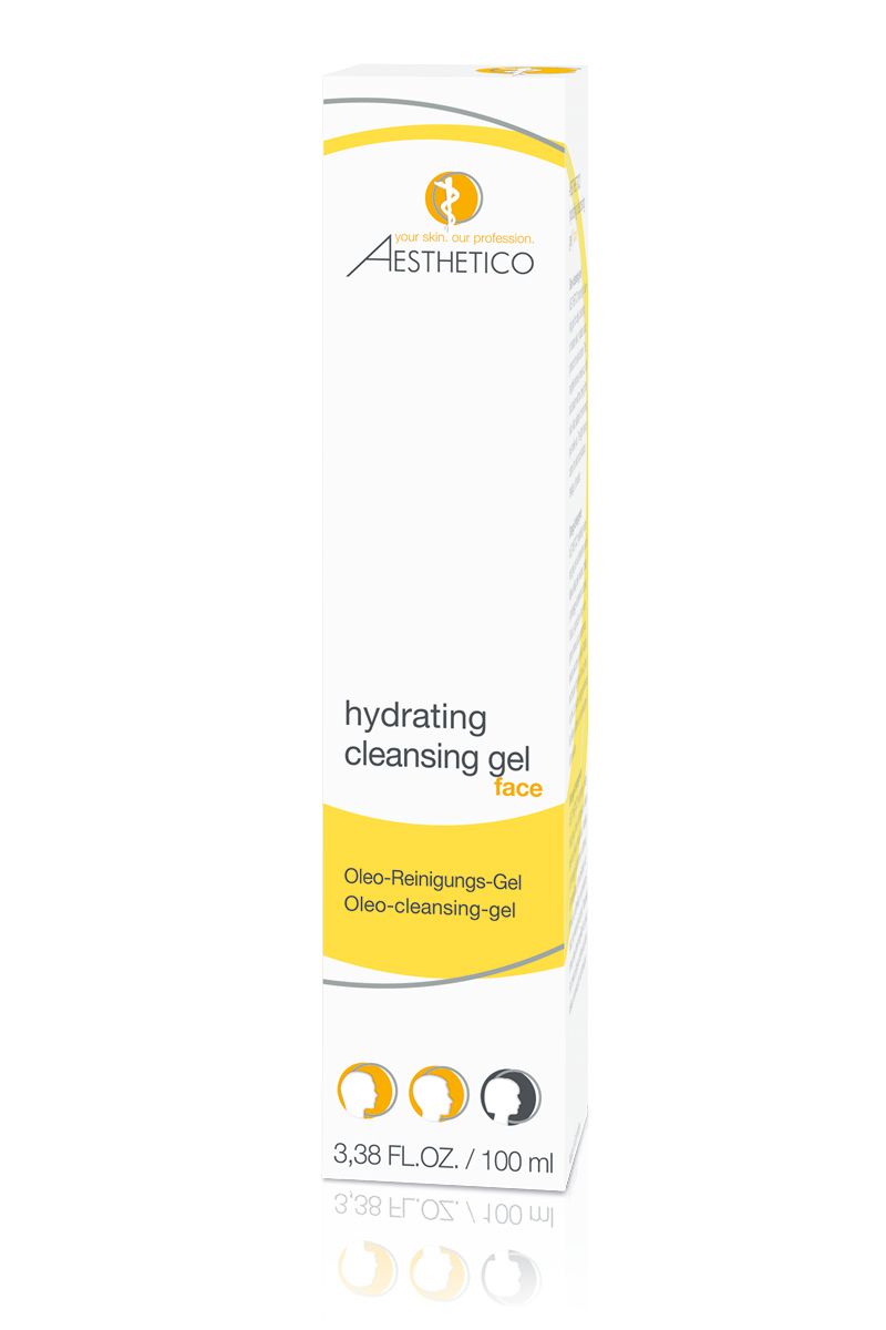 Scatola bianca con dettagli gialli. Scritta: Aesthetico, hydrating cleansing gel face. Denominazioni multilingue del prodotto.