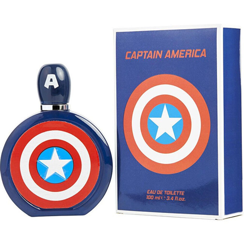 Runder Flakon und Schachtel. Schild-Design mit Stern. Aufschrift: Captain America, Marvel, Eau de Toilette.