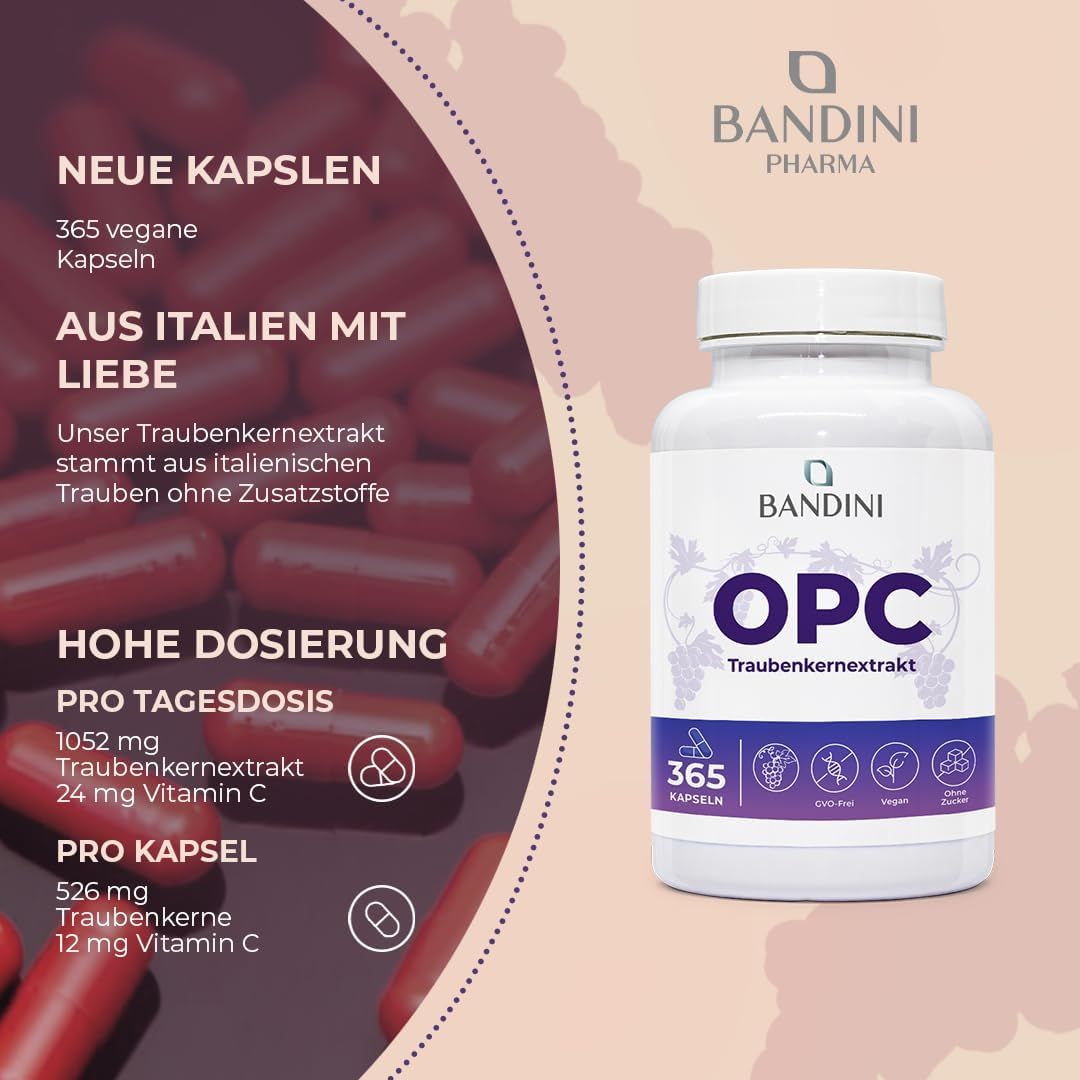 Weiße Flasche mit Kapseln. Aufschrift OPC Traubenkernextrakt. 365 Kapseln. Text: Hohe Dosierung, 1052 mg Traubenkernextrakt, 24 mg Vitamin C.