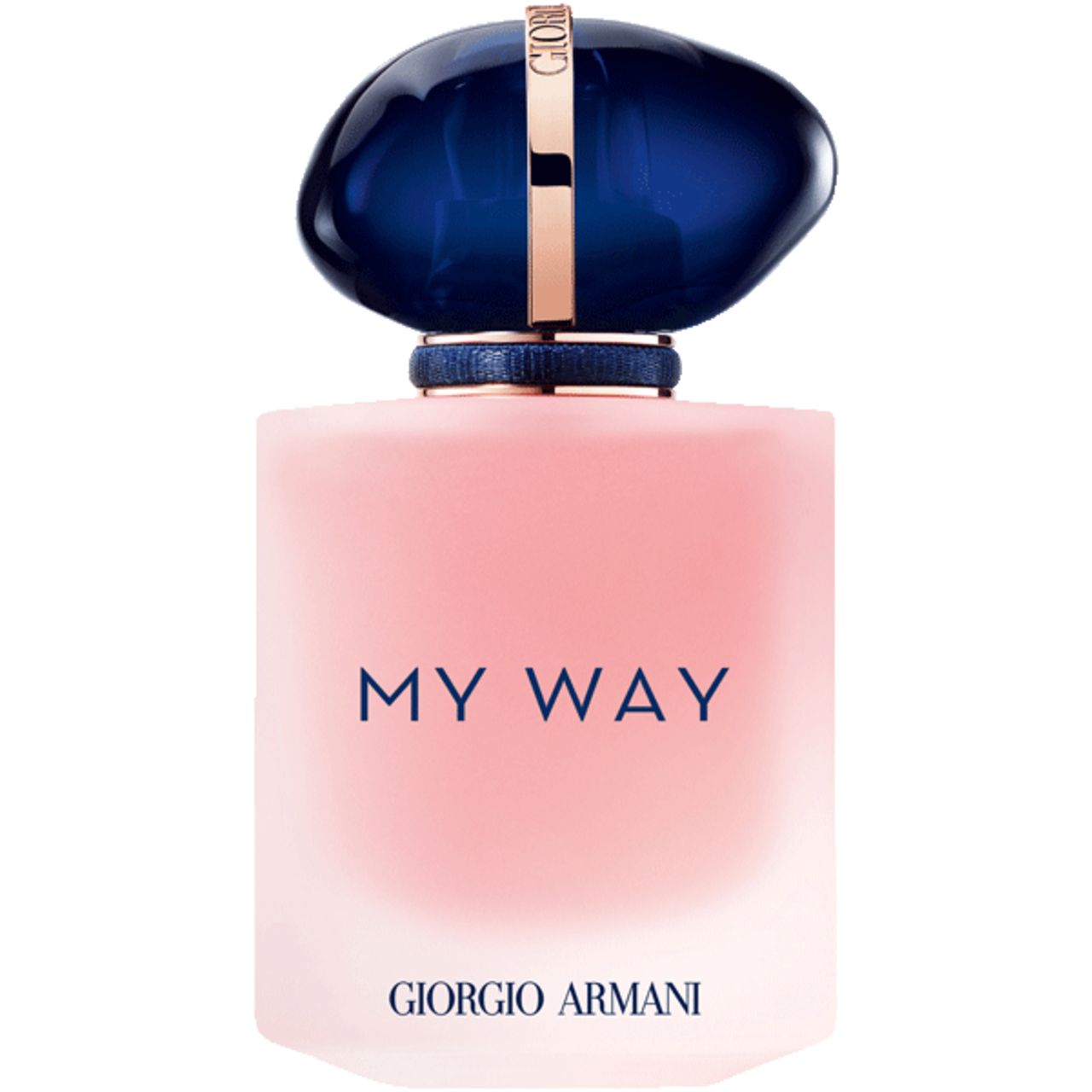 Rosa Flakon mit blauem Deckel. Aufschrift "MY WAY" und "GIORGIO ARMANI".