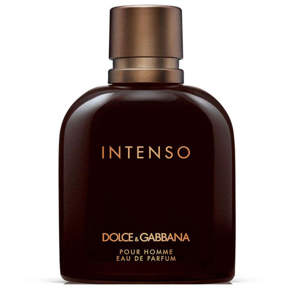 Dunkelbraune Glasflasche mit goldenem Etikett und Verschluss. "Intenso" und "Dolce & Gabbana" sind auf der Vorderseite aufgedruckt.