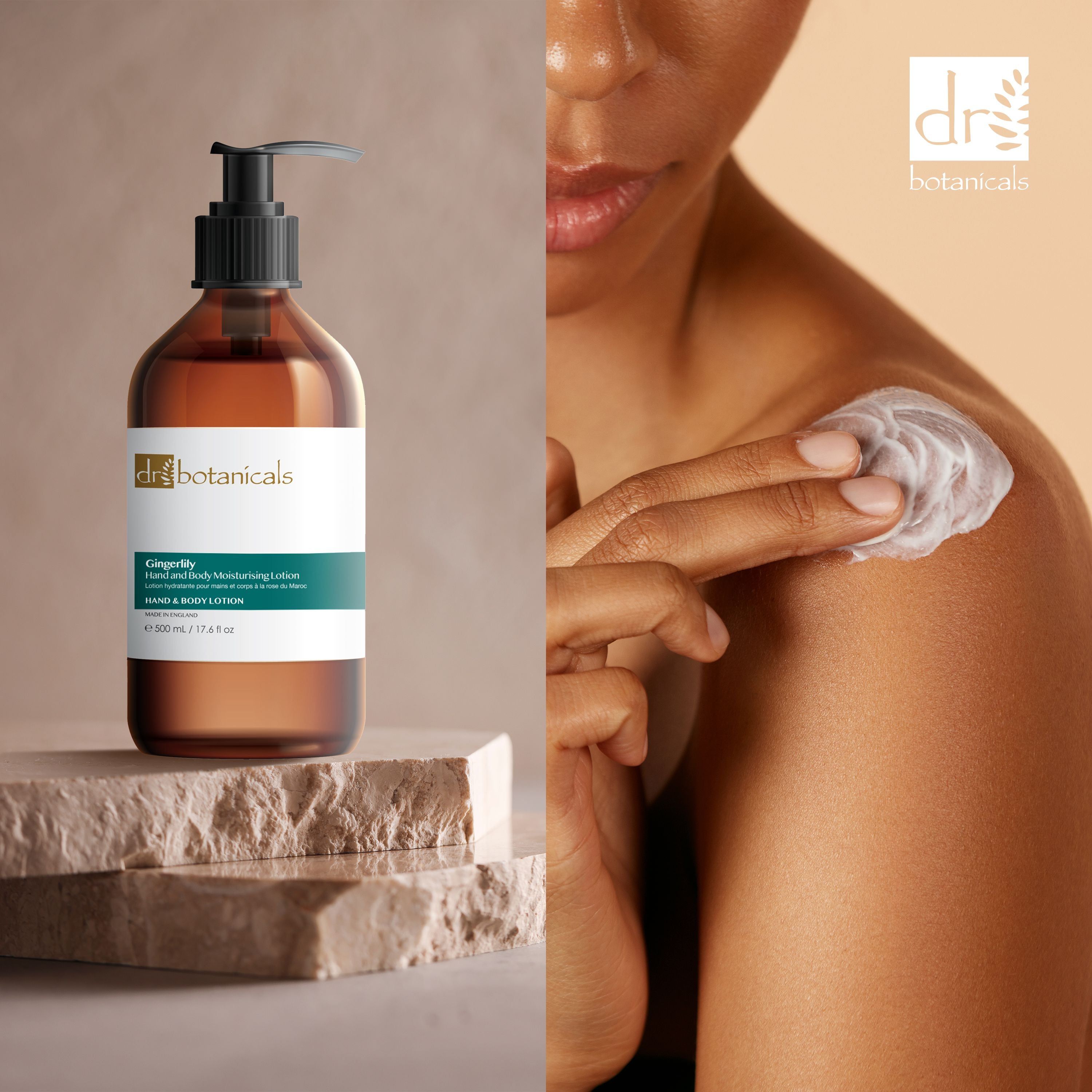 Braune Flasche neben Person, die Lotion auf Schulter aufträgt. Dr Botanicals Gingerlily Hand & Body Moisturising Lotion.