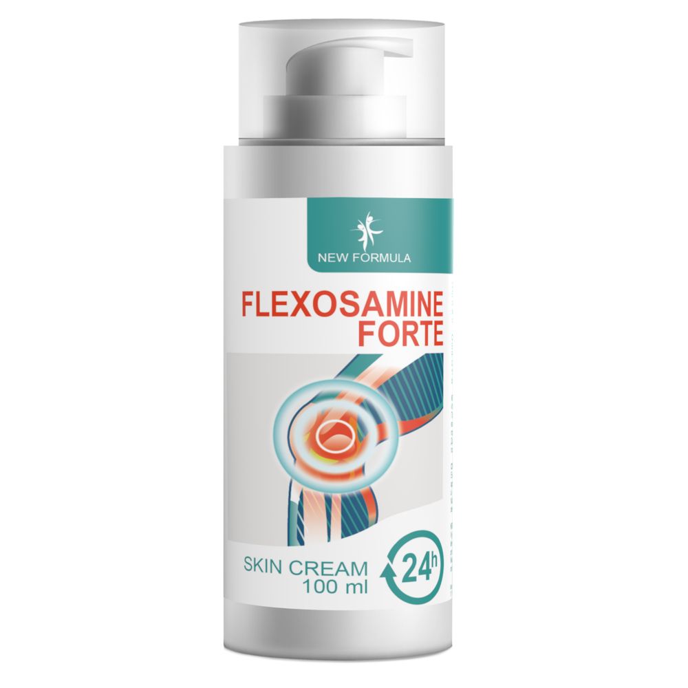 Creme-Spender mit FLEXOSAMINE Forte-Etikett. Enthält eine Illustration des Knies. Aufschrift: Skin Cream, 24h.